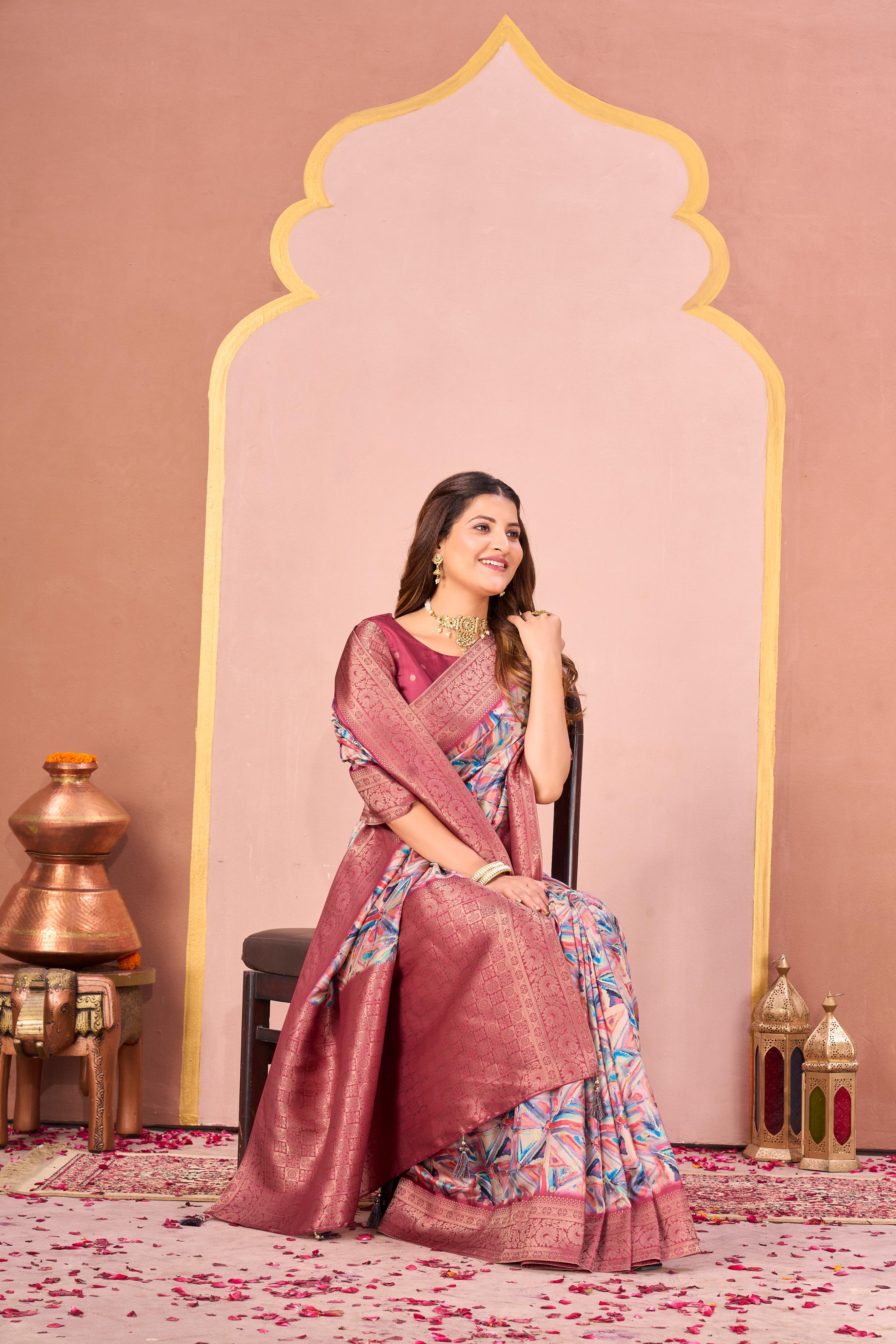 Gajari Tussar Silk Jacquard Saree with Digital Print