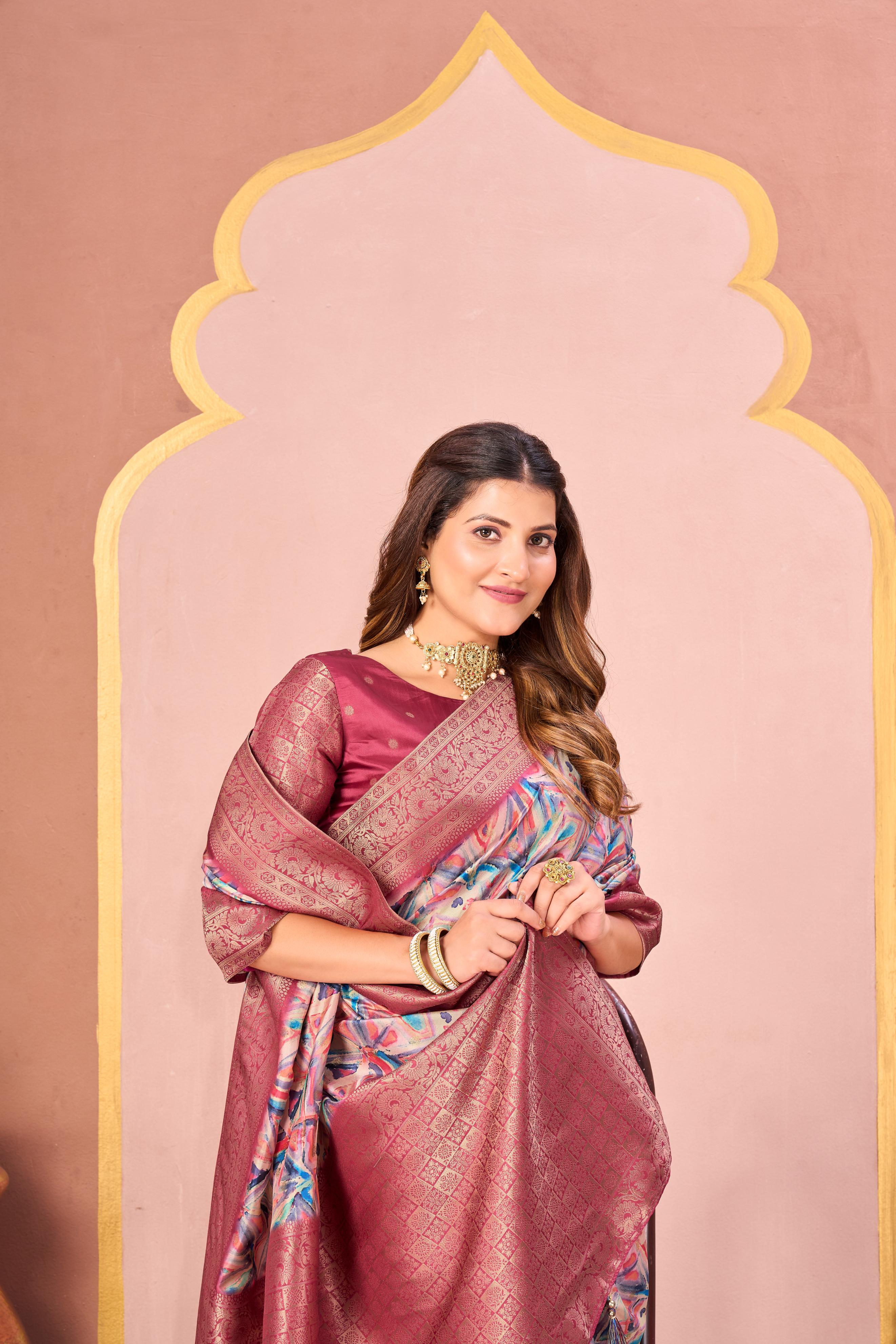 Gajari Tussar Silk Jacquard Saree with Digital Print