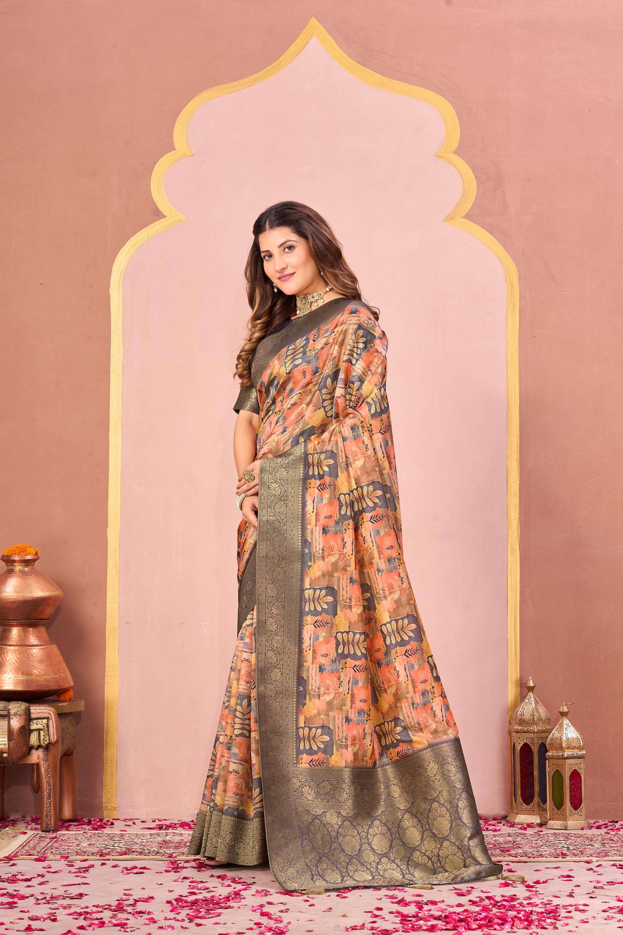 Peach Tussar Silk Jacquard Saree with Antique Border