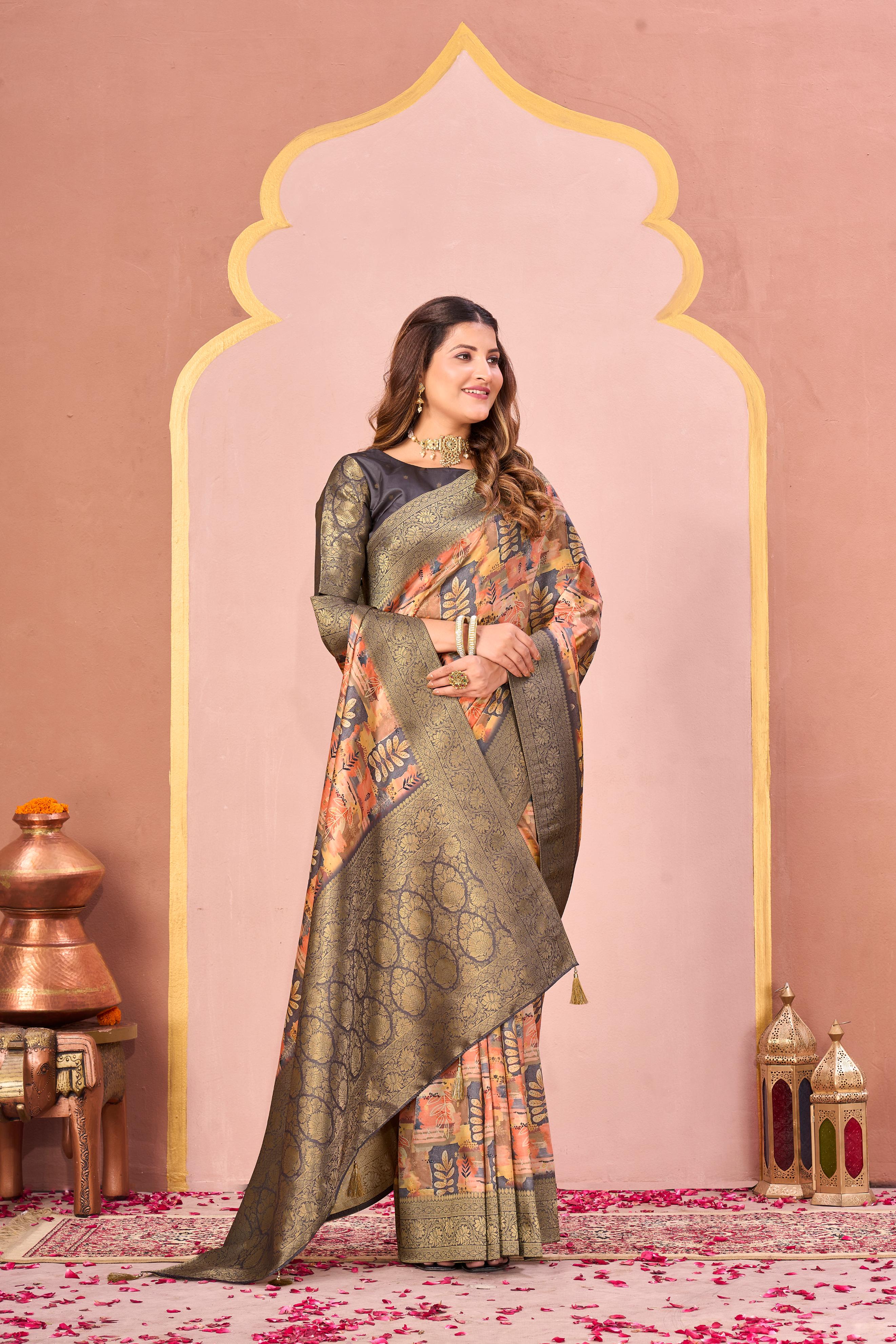 Peach Tussar Silk Jacquard Saree with Antique Border
