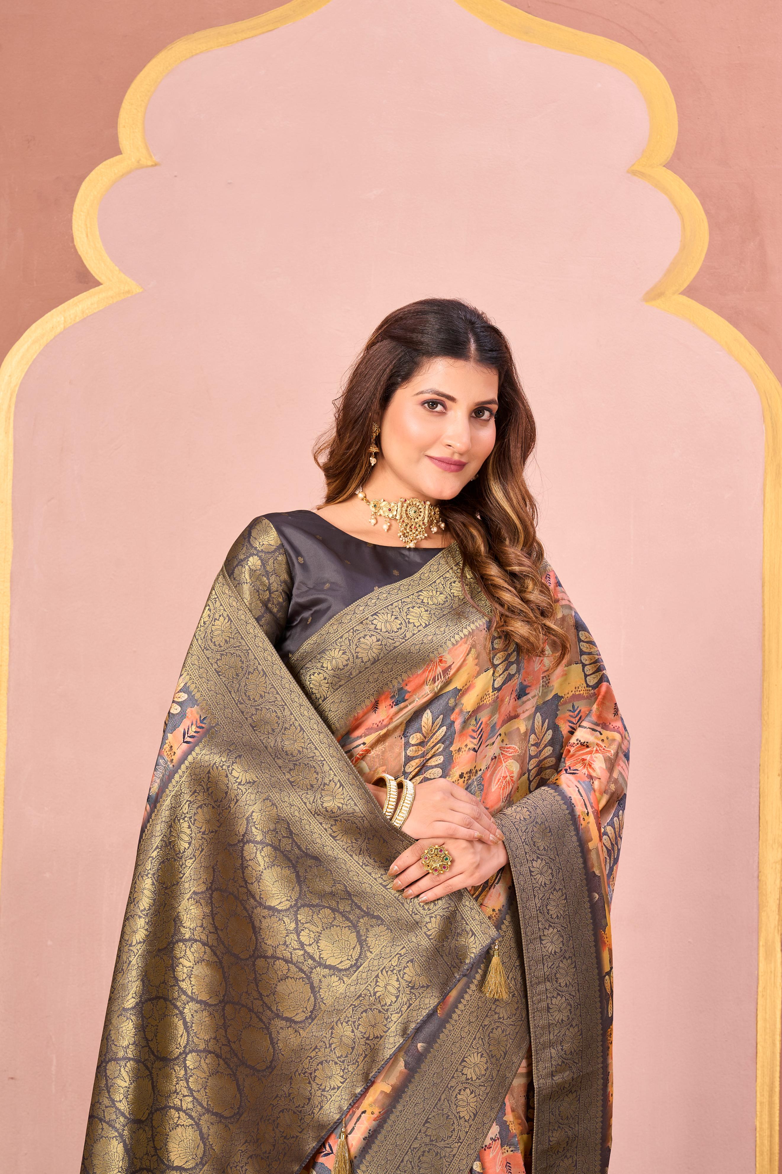 Peach Tussar Silk Jacquard Saree with Antique Border