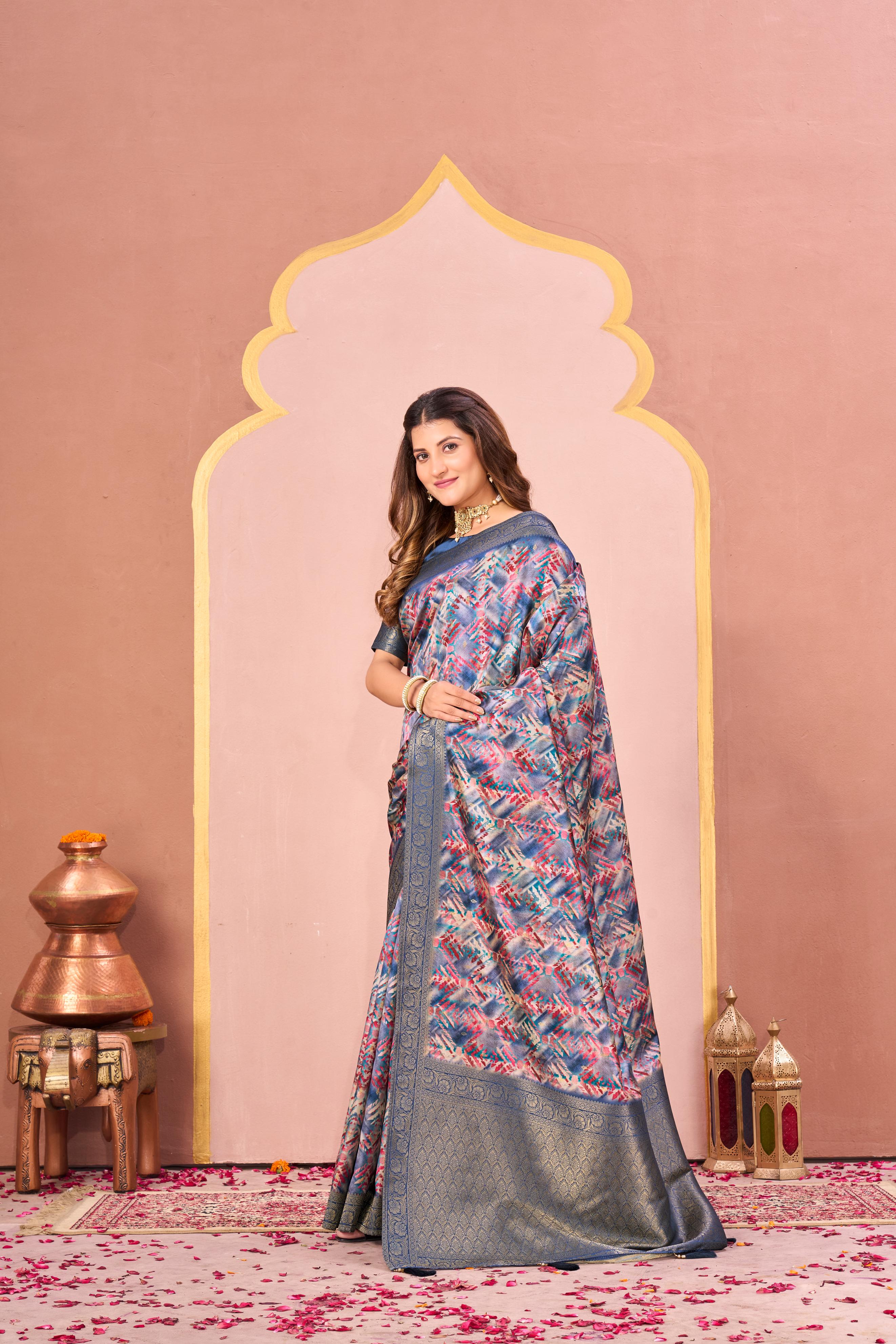 Blue Tussar Silk Jacquard Saree with Digital Print