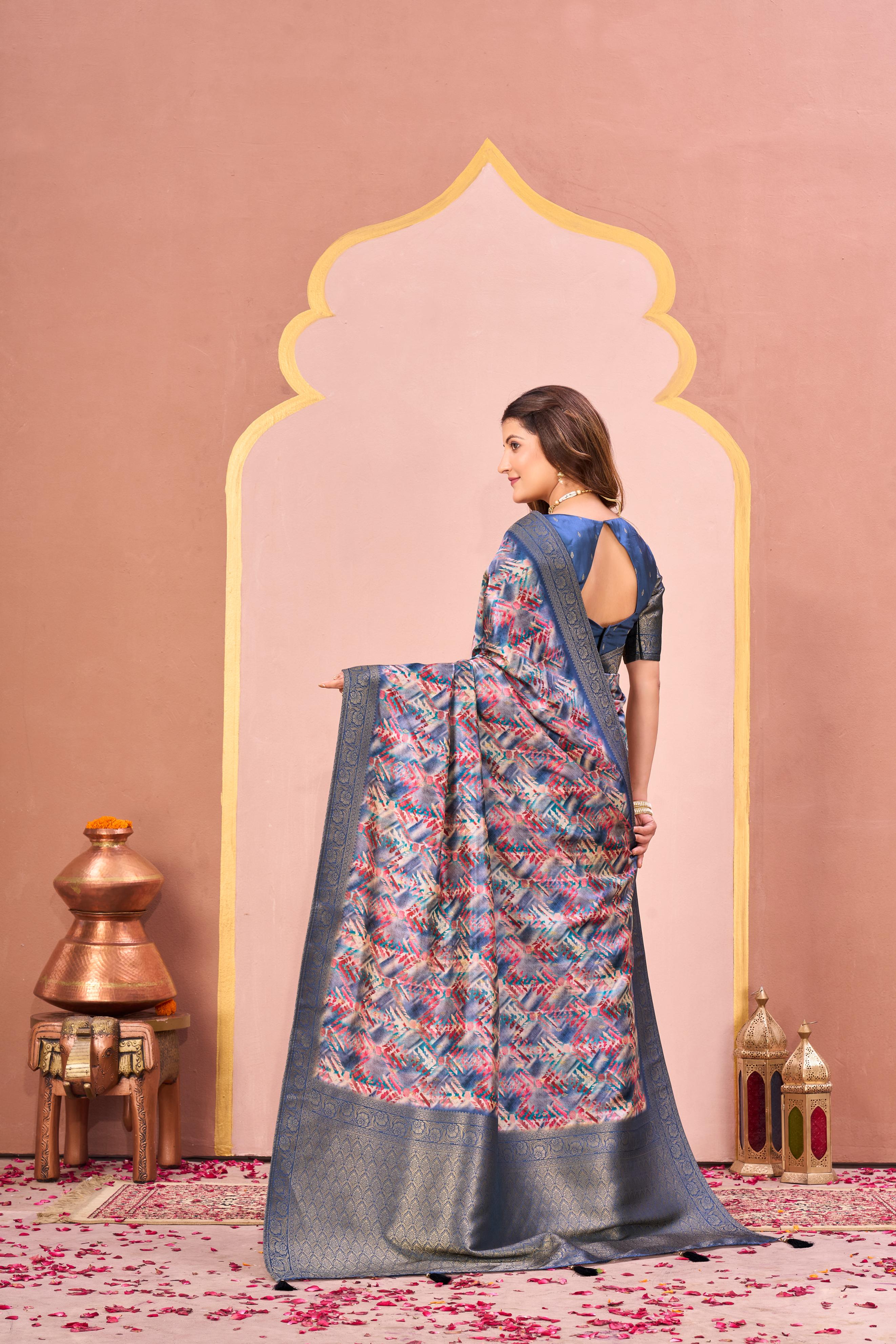 Blue Tussar Silk Jacquard Saree with Digital Print