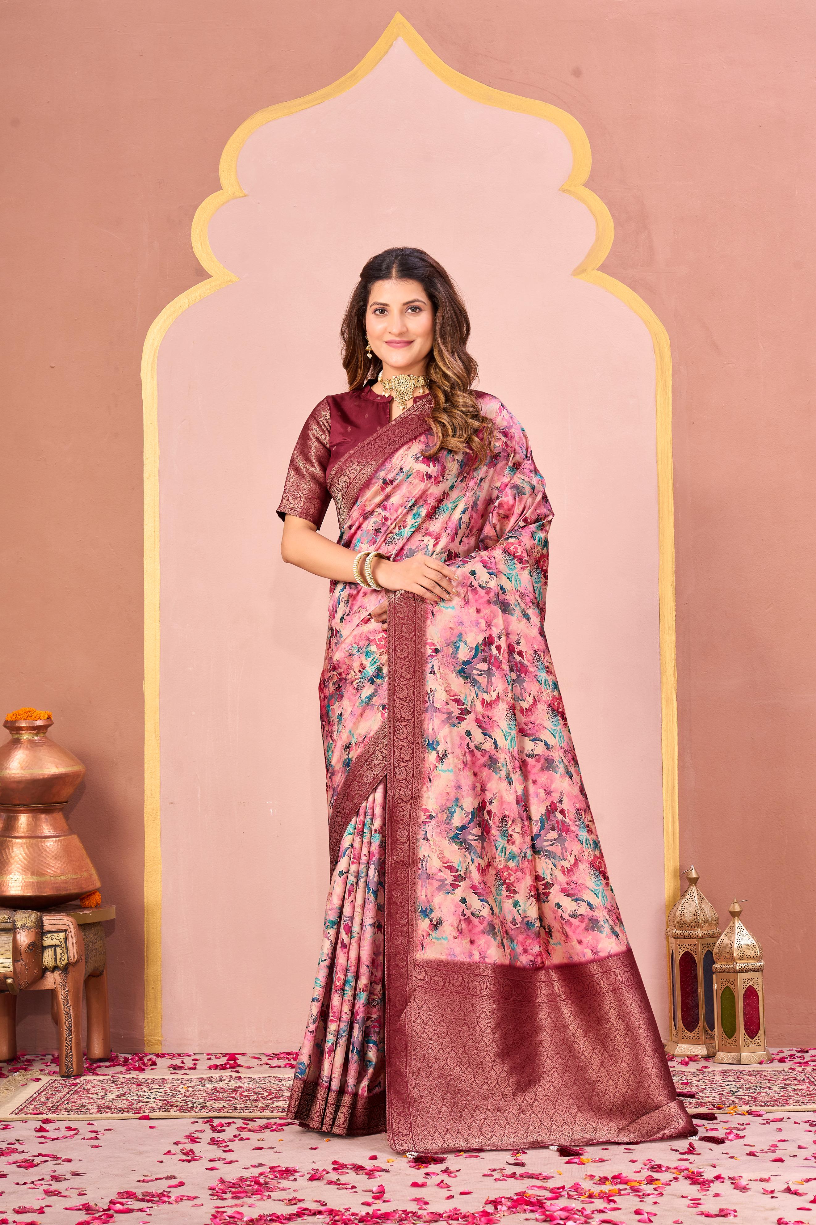 Maroon Tussar Silk Jacquard Saree with Digital Floral Print