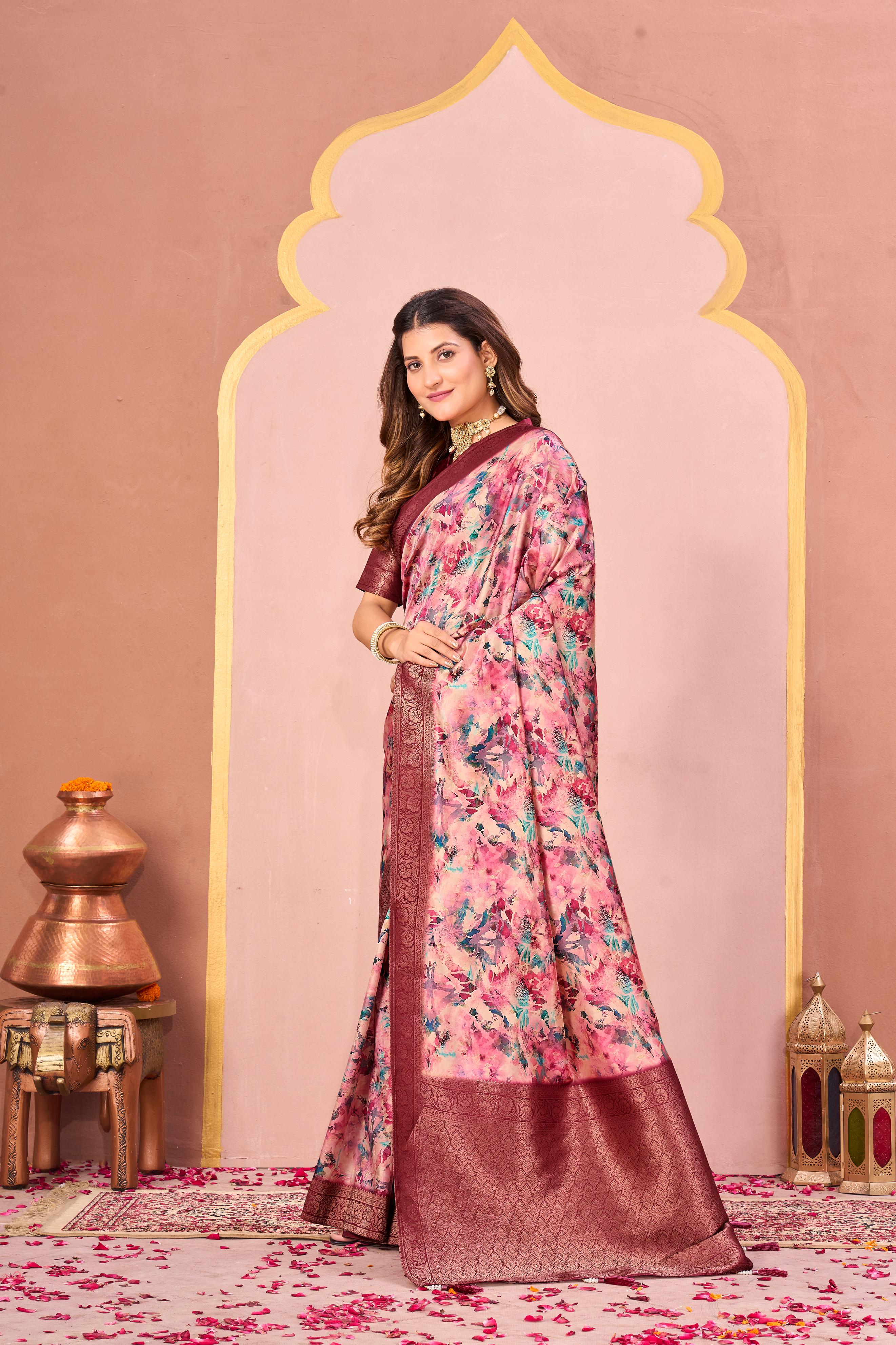 Maroon Tussar Silk Jacquard Saree with Digital Floral Print