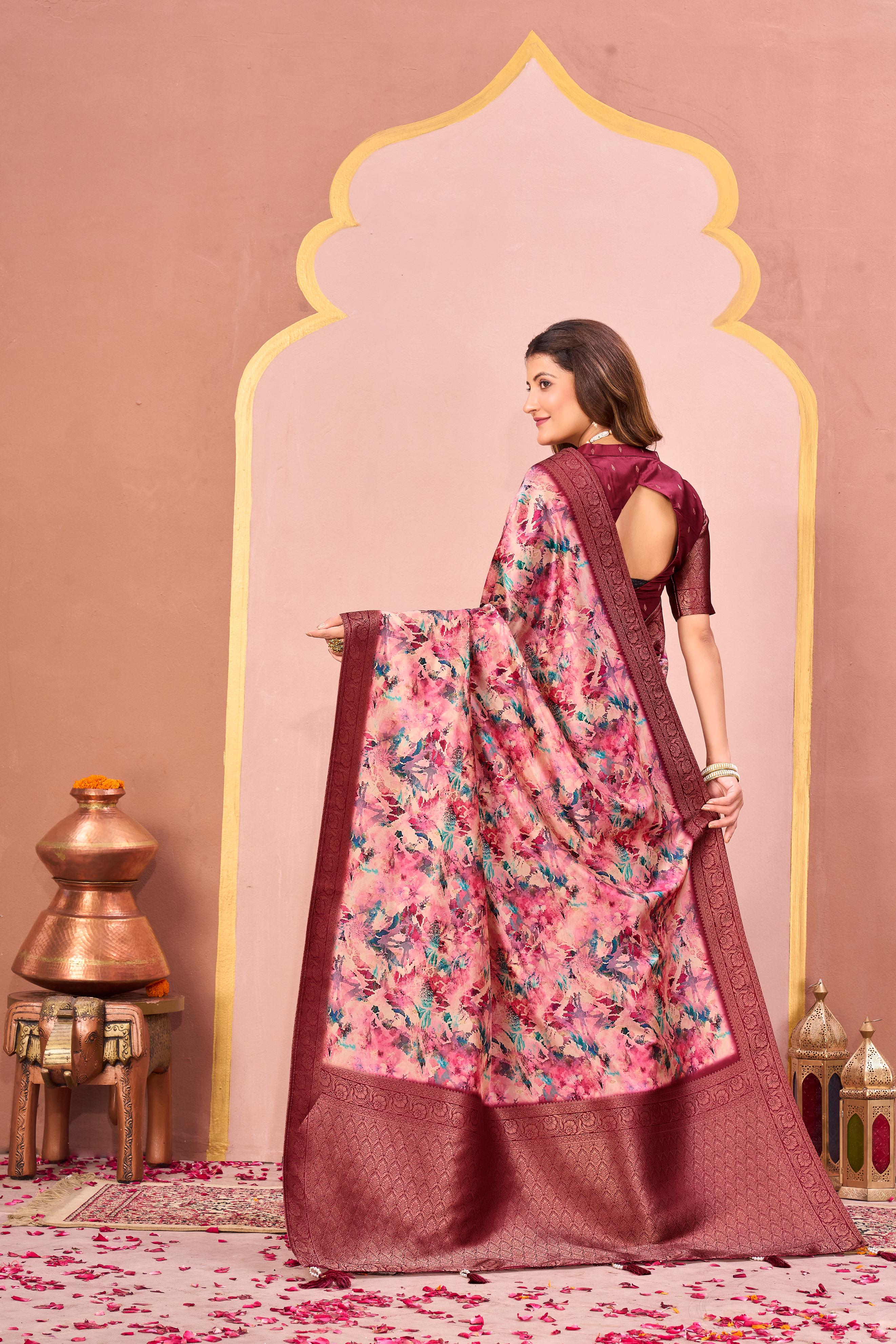 Maroon Tussar Silk Jacquard Saree with Digital Floral Print