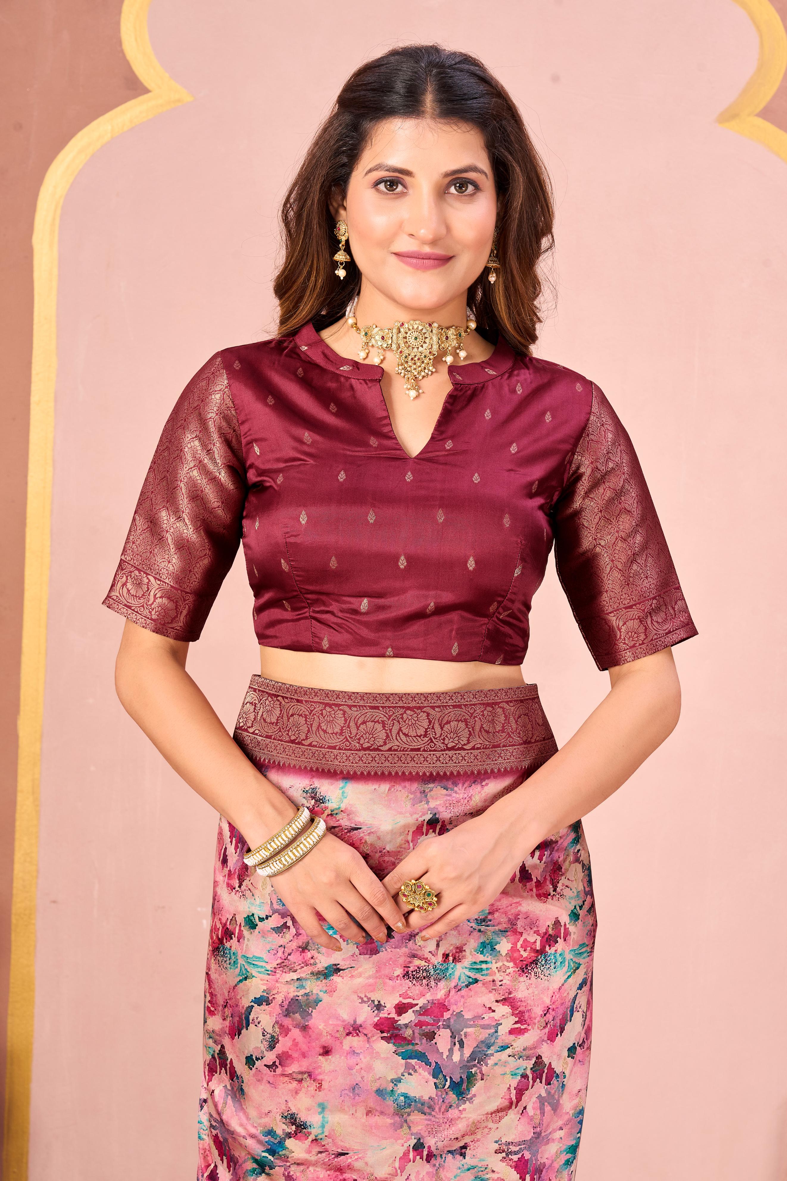 Maroon Tussar Silk Jacquard Saree with Digital Floral Print