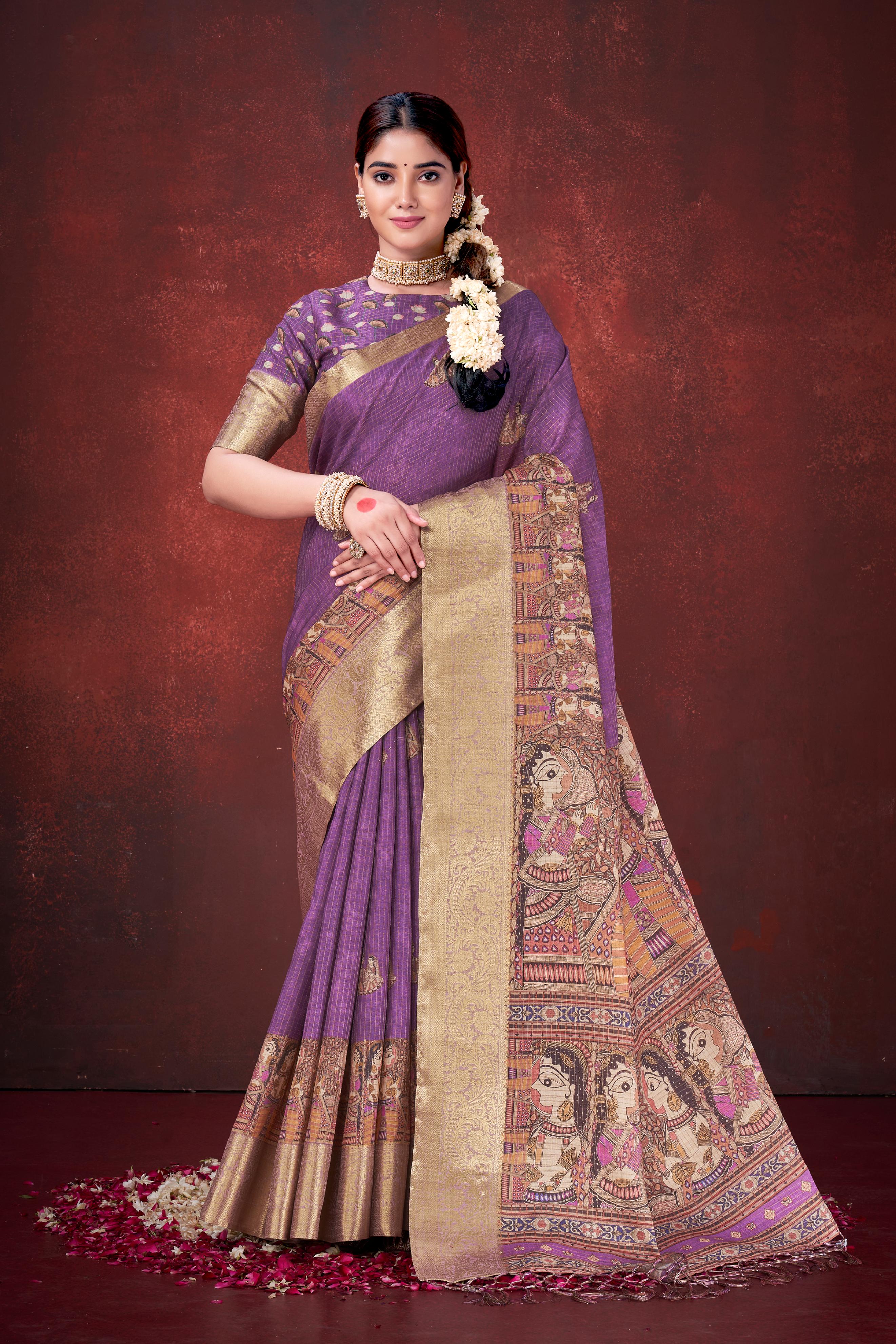 Purple Habotai Silk Saree with Foil Floral Print