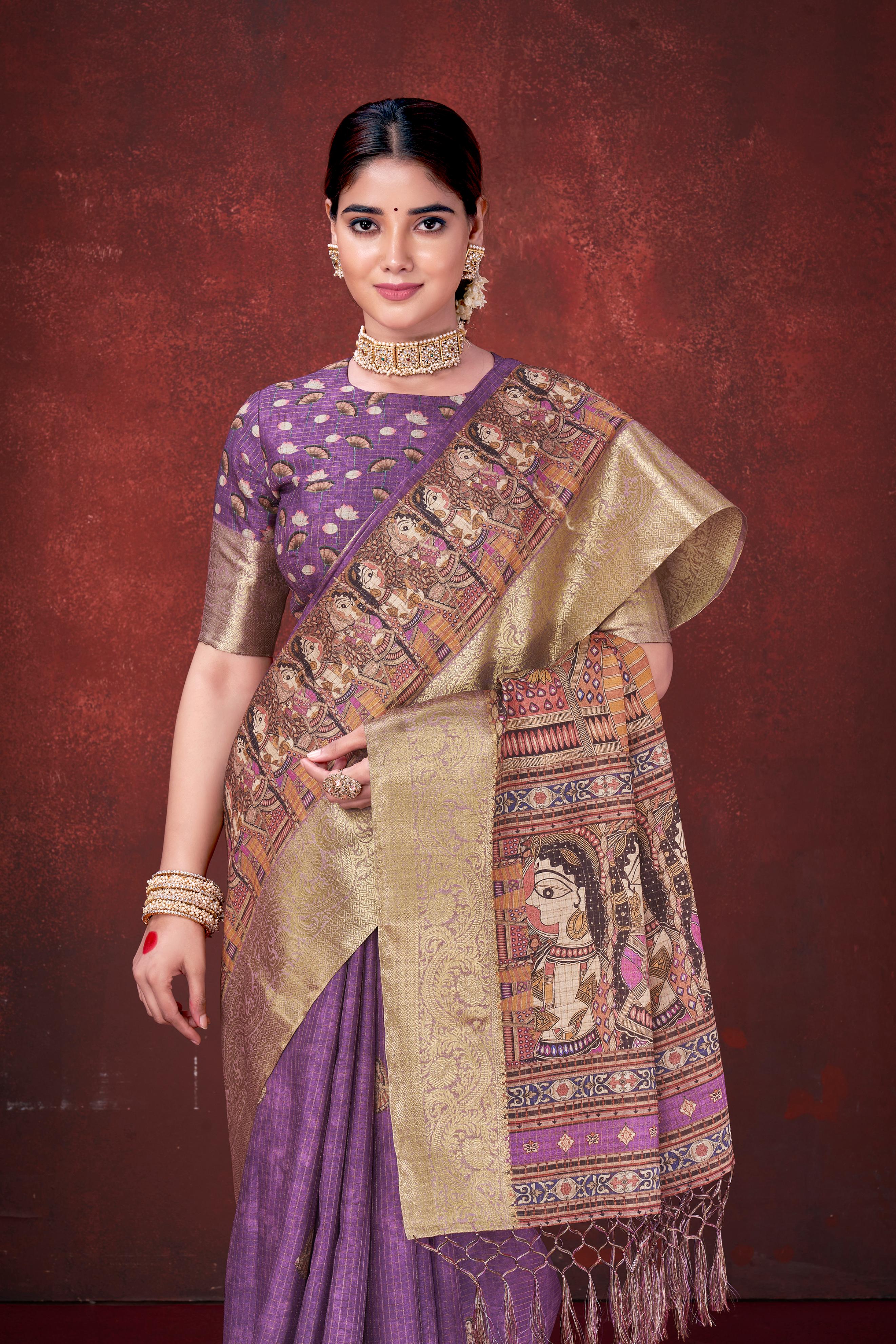 Purple Habotai Silk Saree with Foil Floral Print