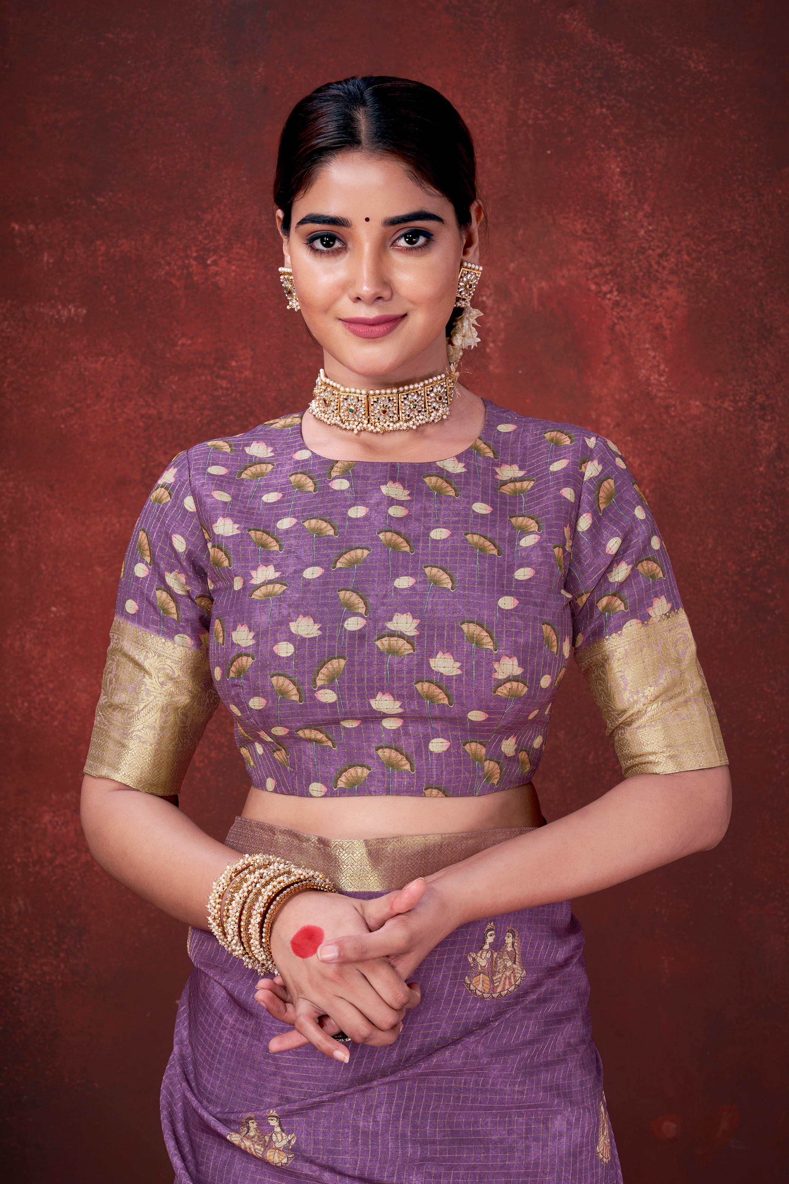 Purple Habotai Silk Saree with Foil Floral Print