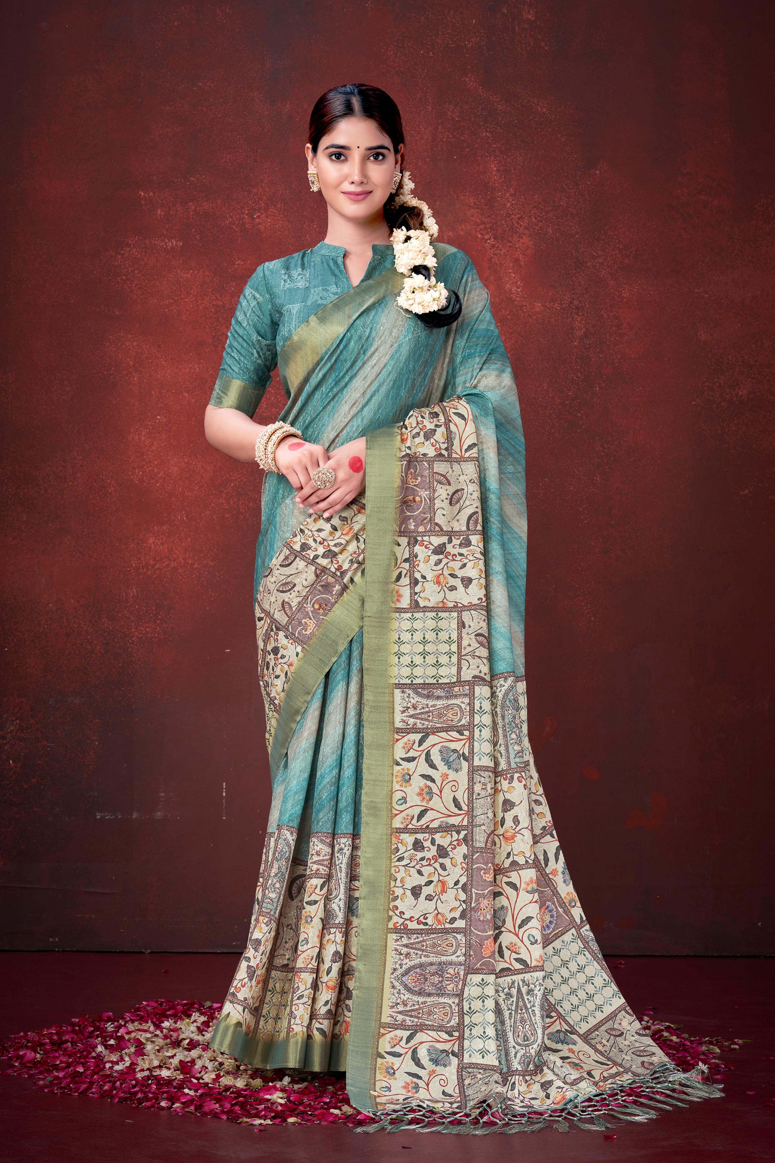 Sky Blue Habotai Silk Saree with Foil Floral Print
