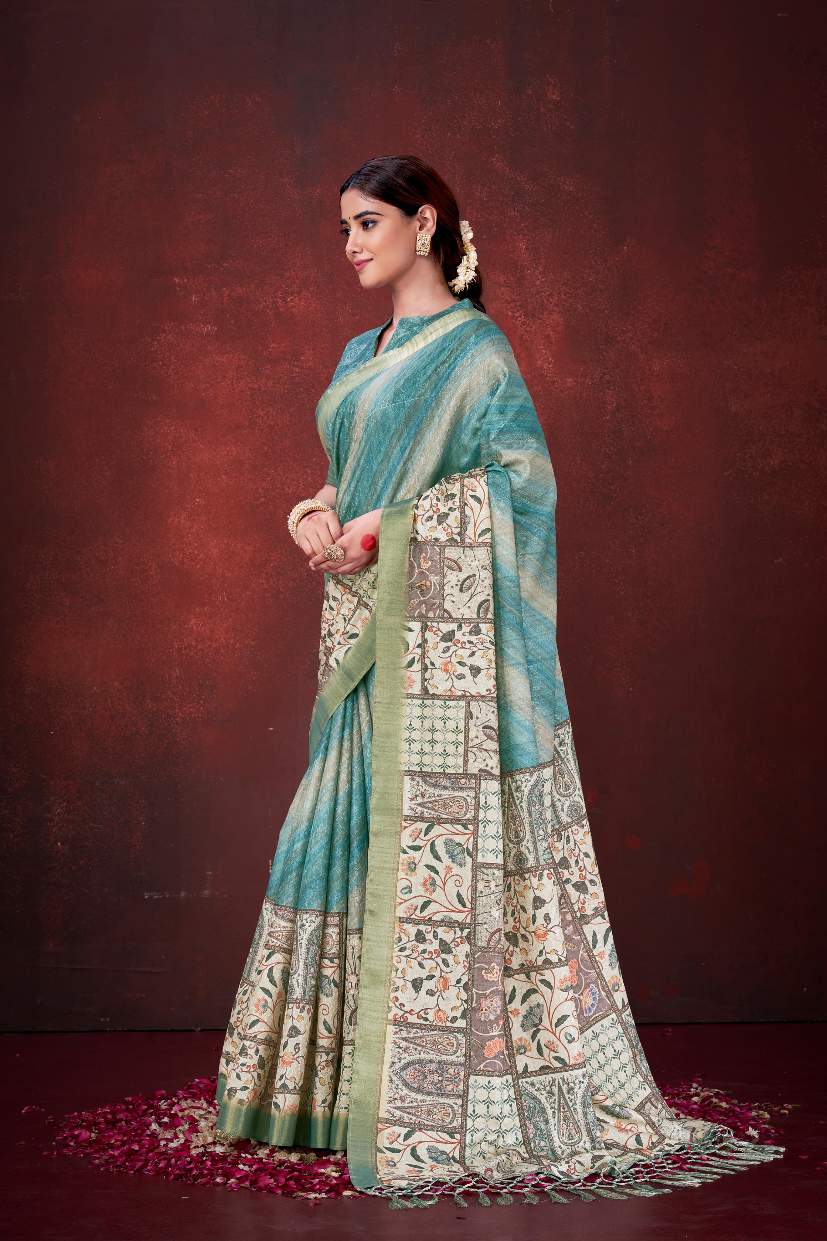 Sky Blue Habotai Silk Saree with Foil Floral Print