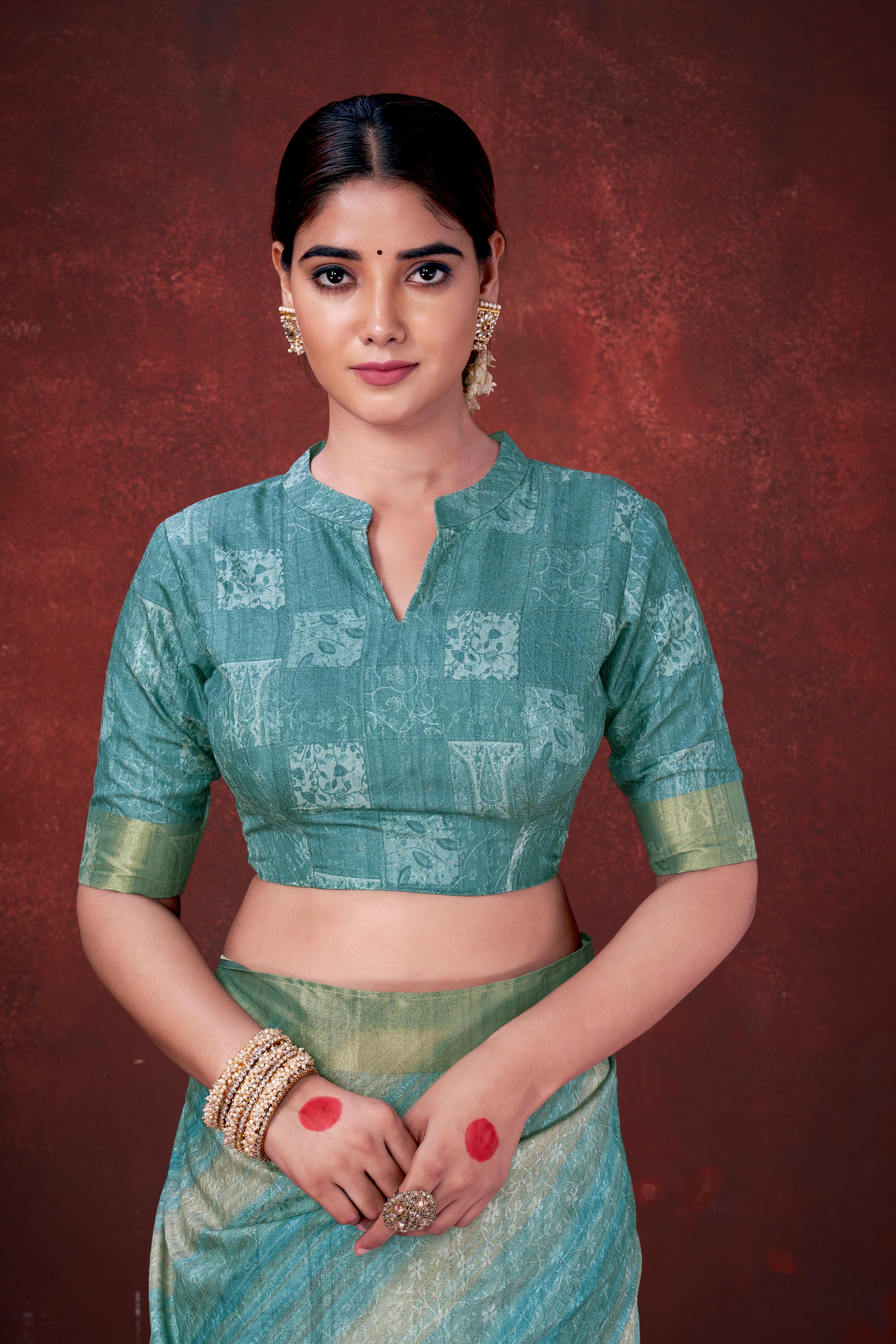 Sky Blue Habotai Silk Saree with Foil Floral Print