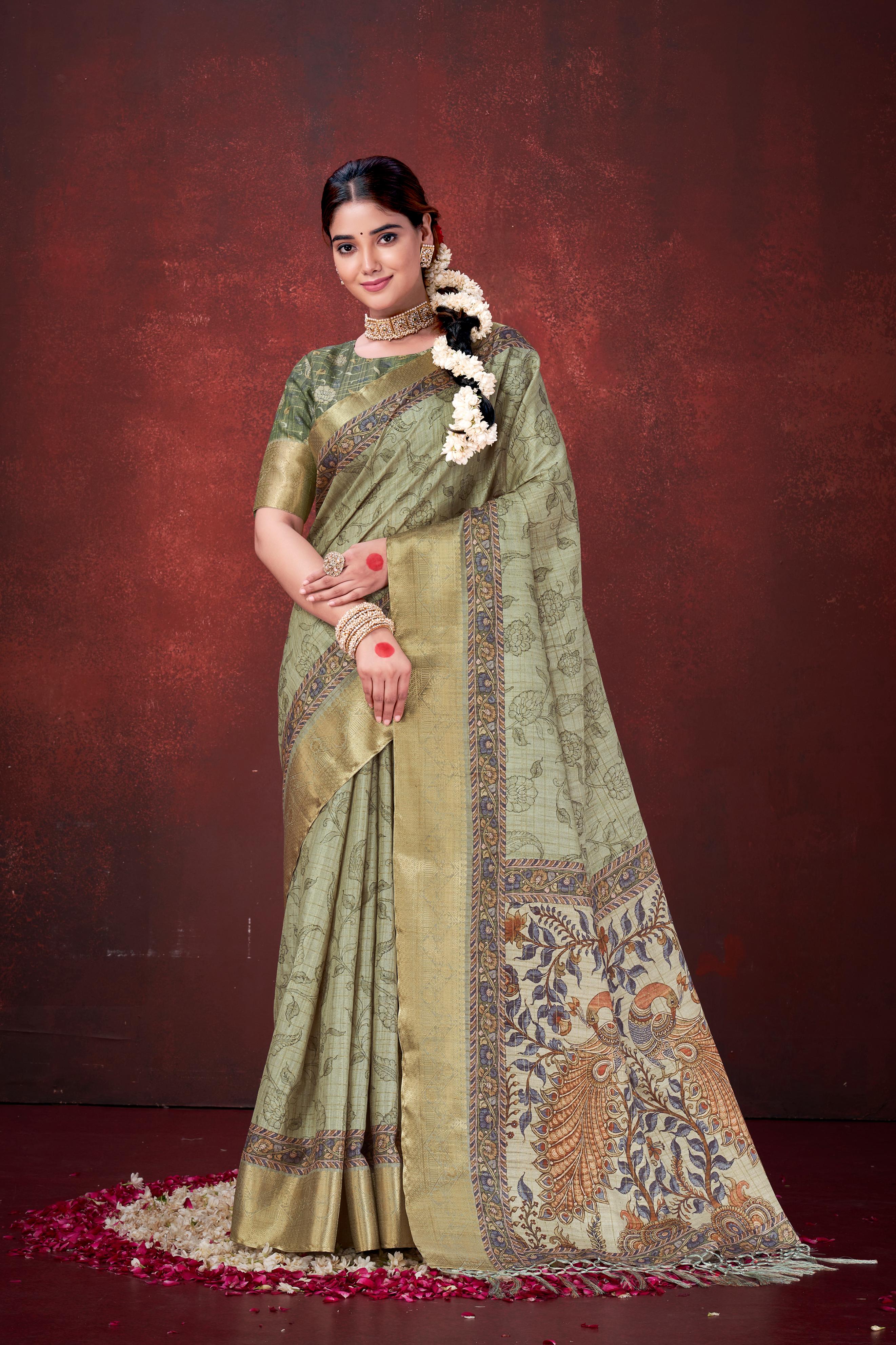 Pista Green Premium Silk Saree with Foil Floral Print