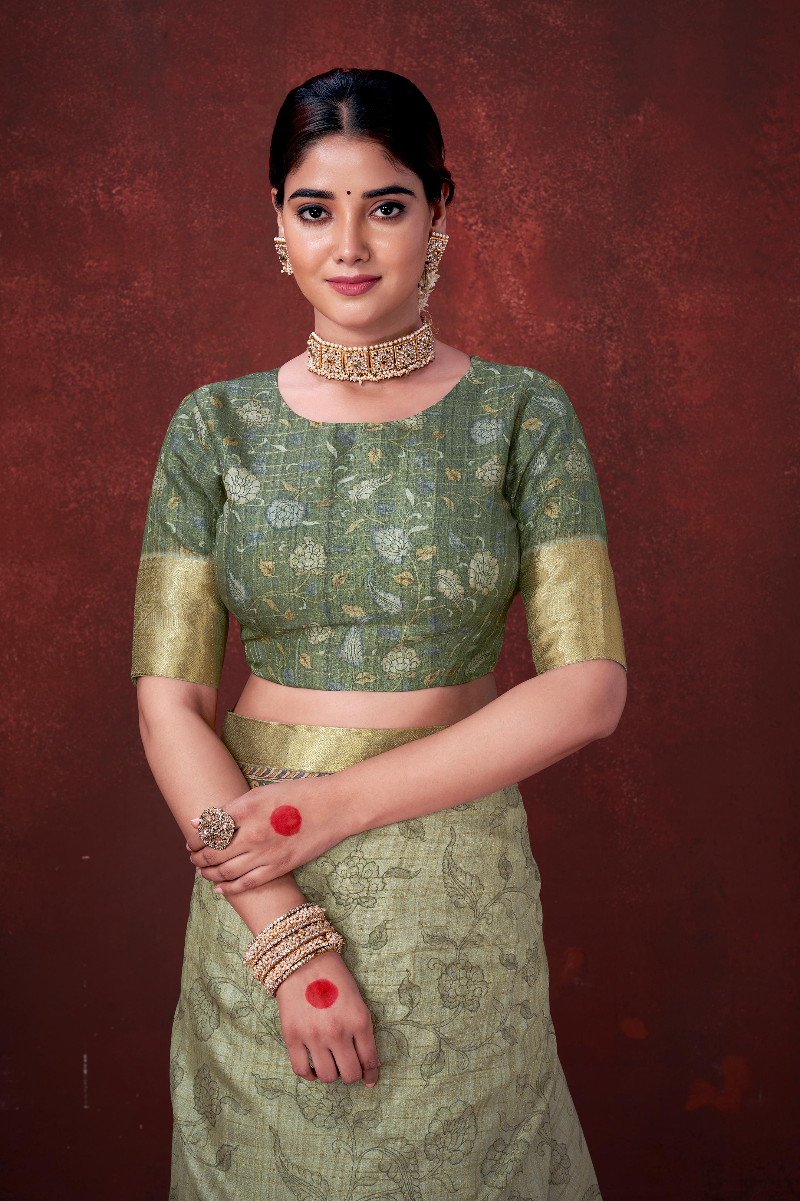 Pista Green Premium Silk Saree with Foil Floral Print