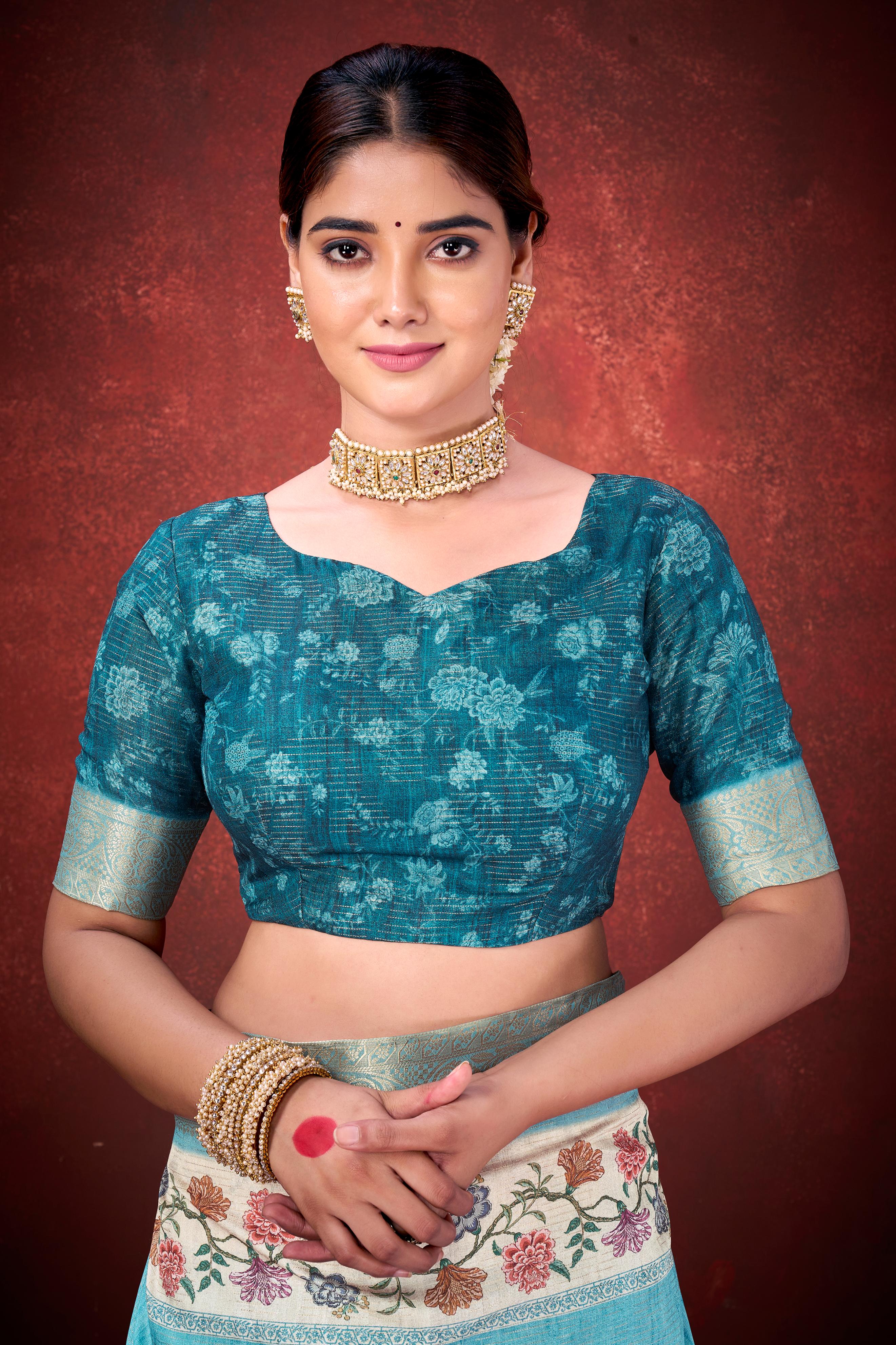 Rama Kantha Zari Silk Saree with Printed Pallu