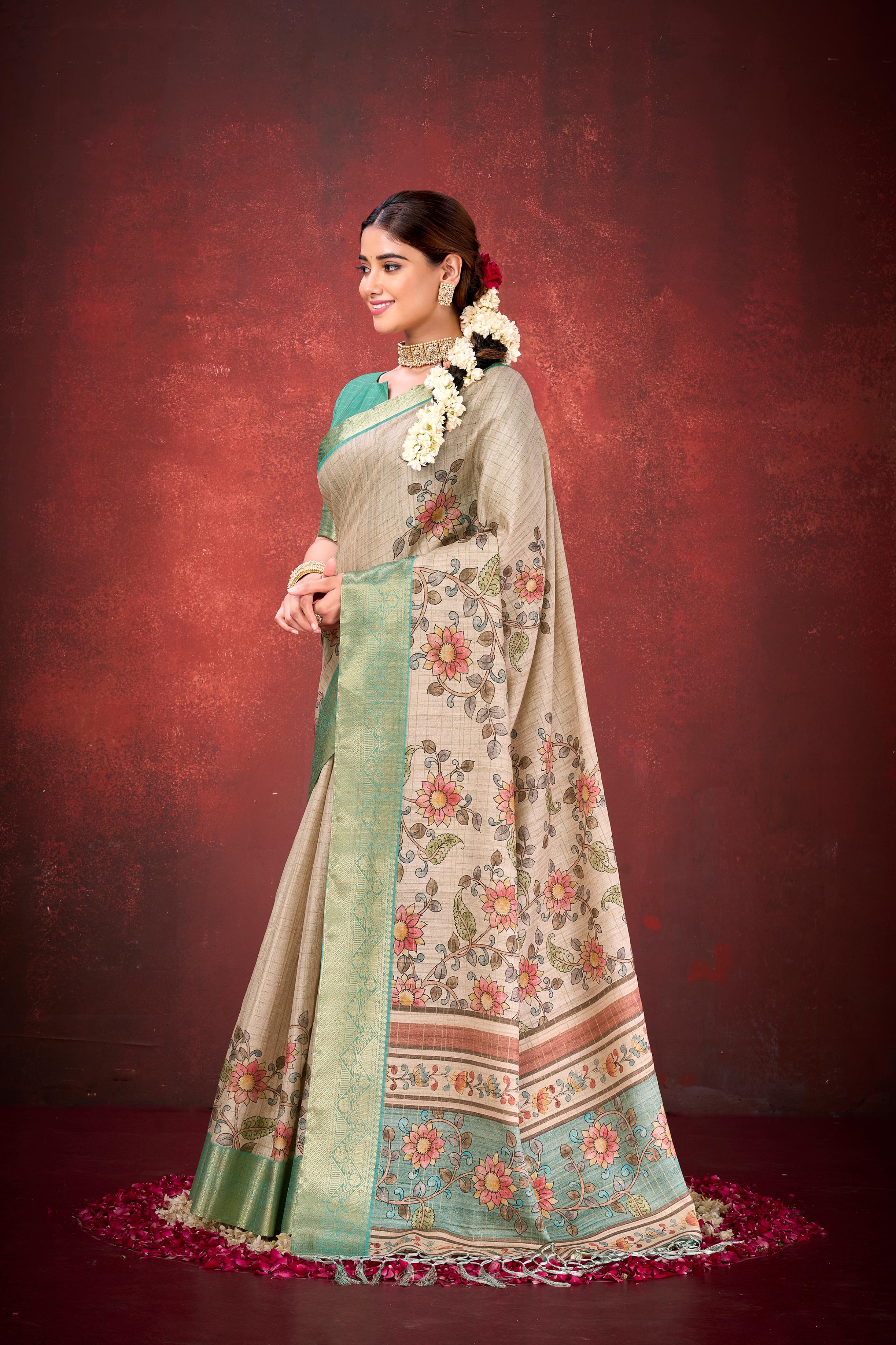 Cream Mulbery Jacquard Silk Printed Saree