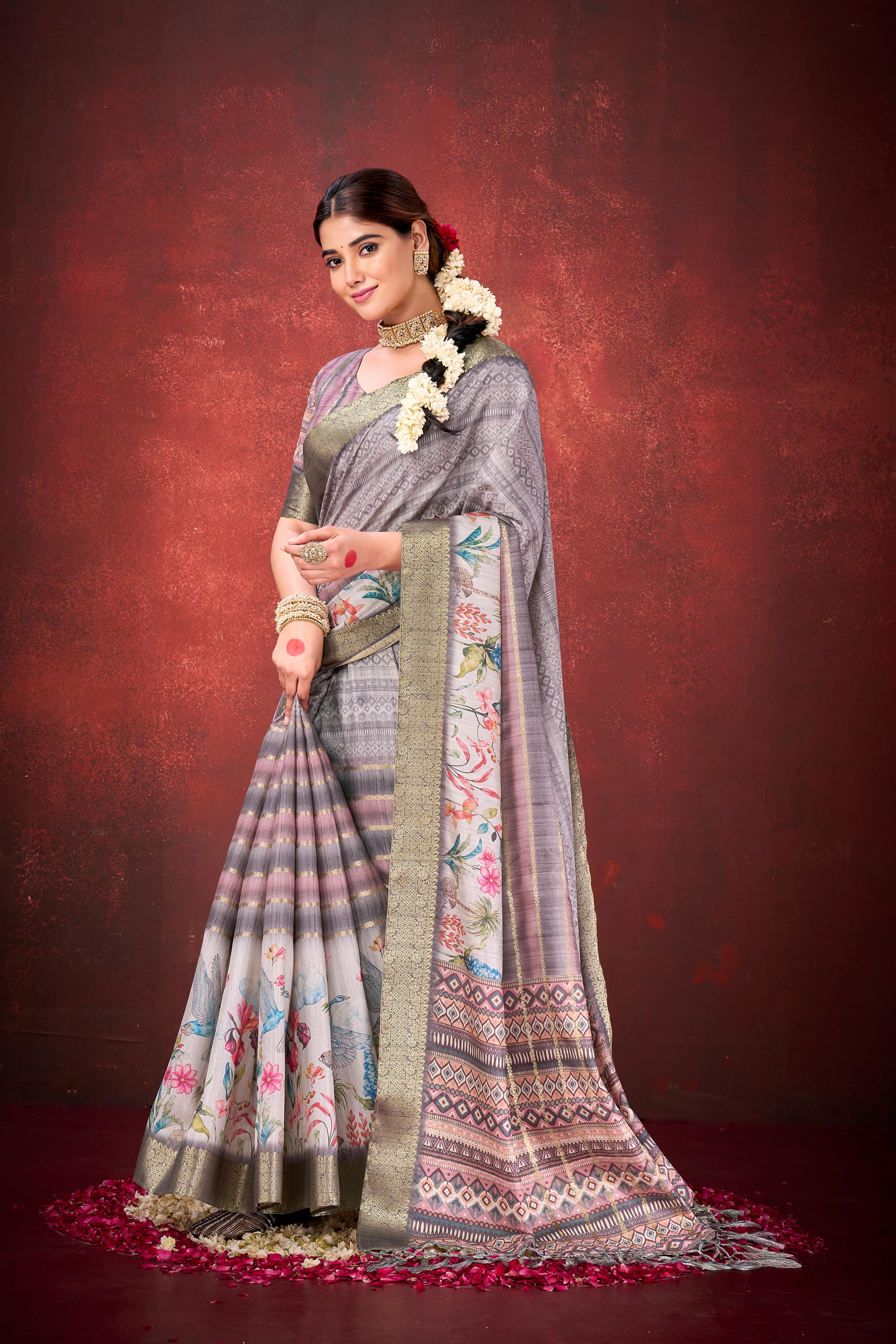 Grey Muga Silk Printed Saree
