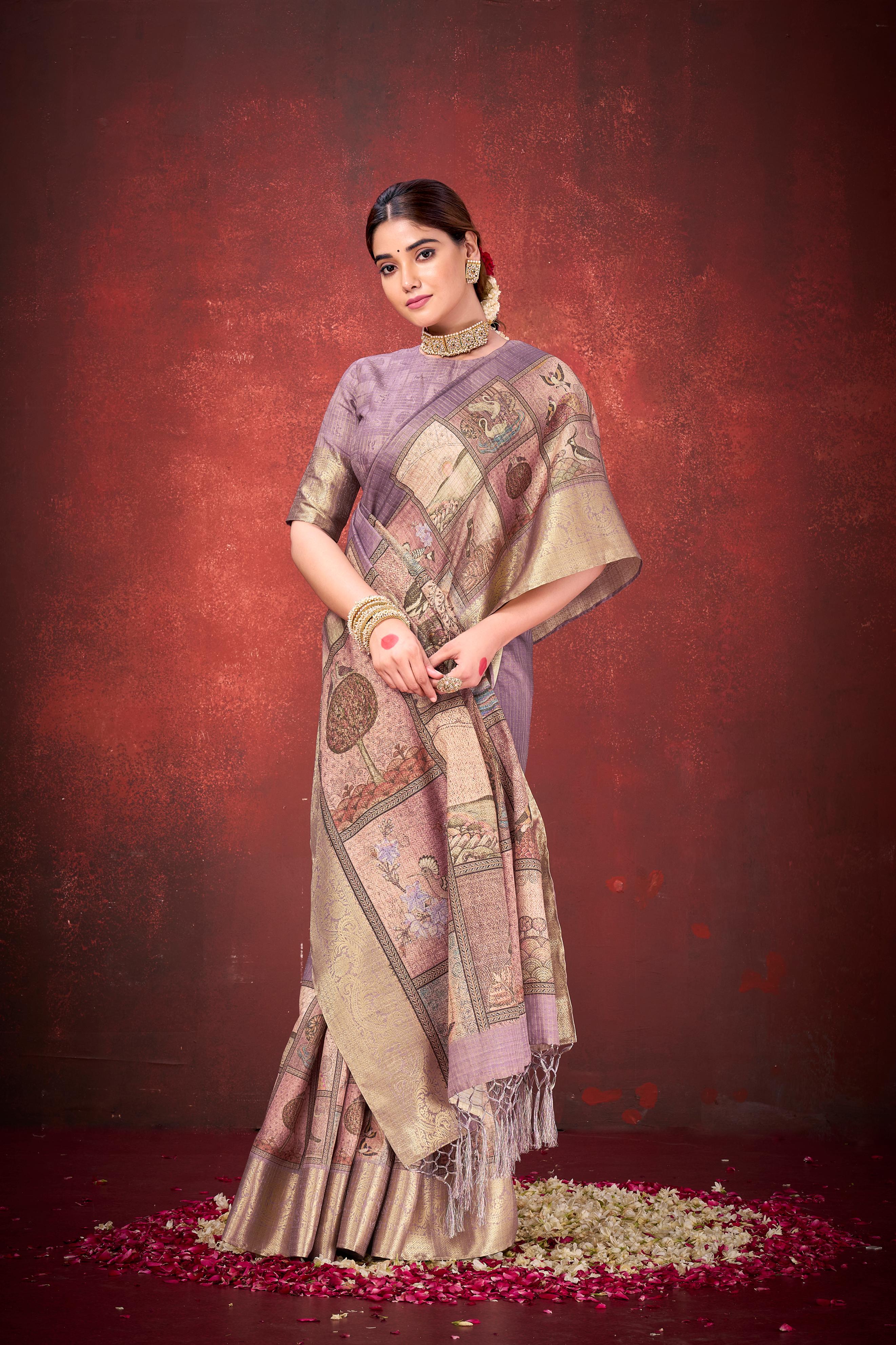 Lavender Cora Check Silk Printed Saree