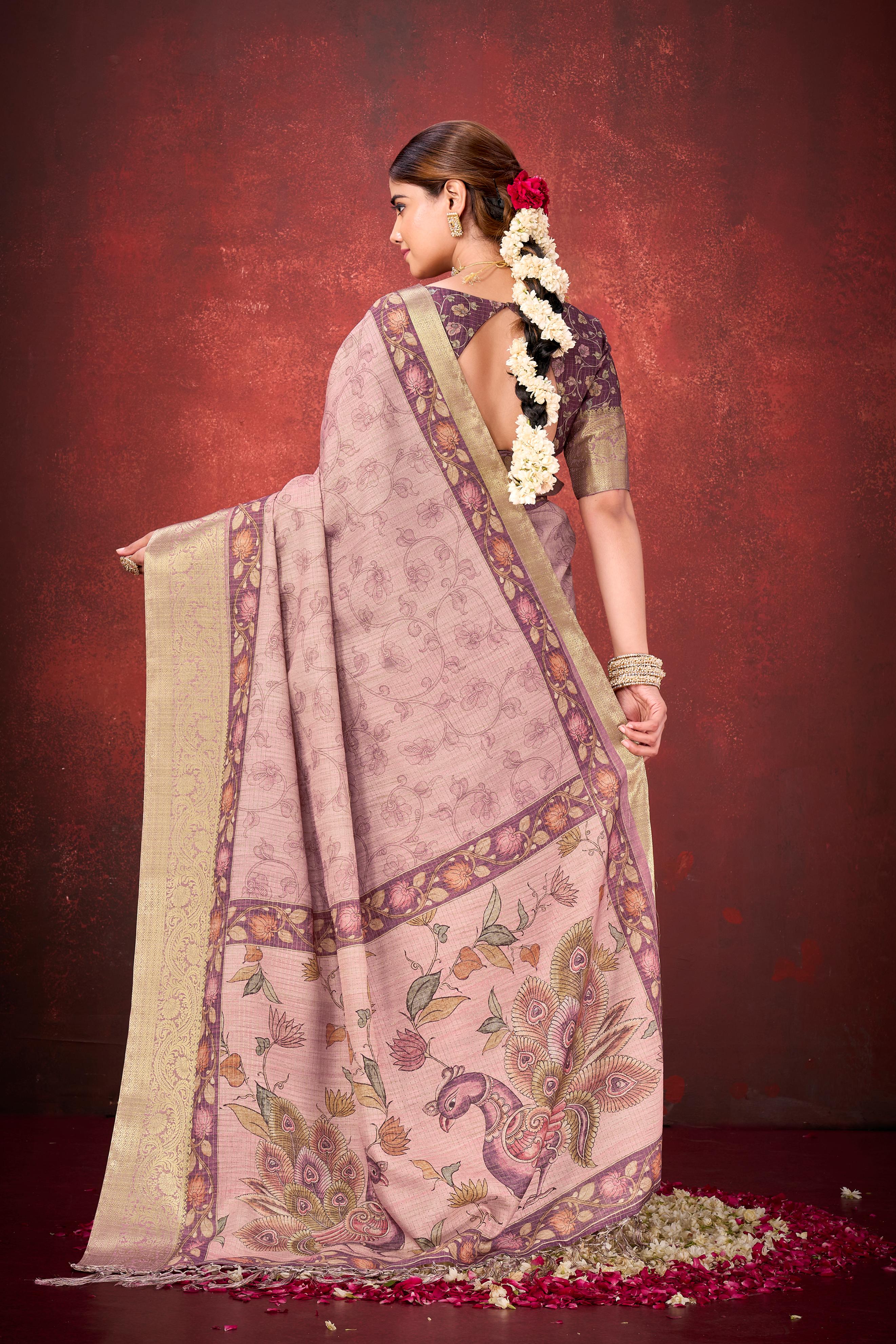 Blush Pink Cora Check Silk Printed Saree