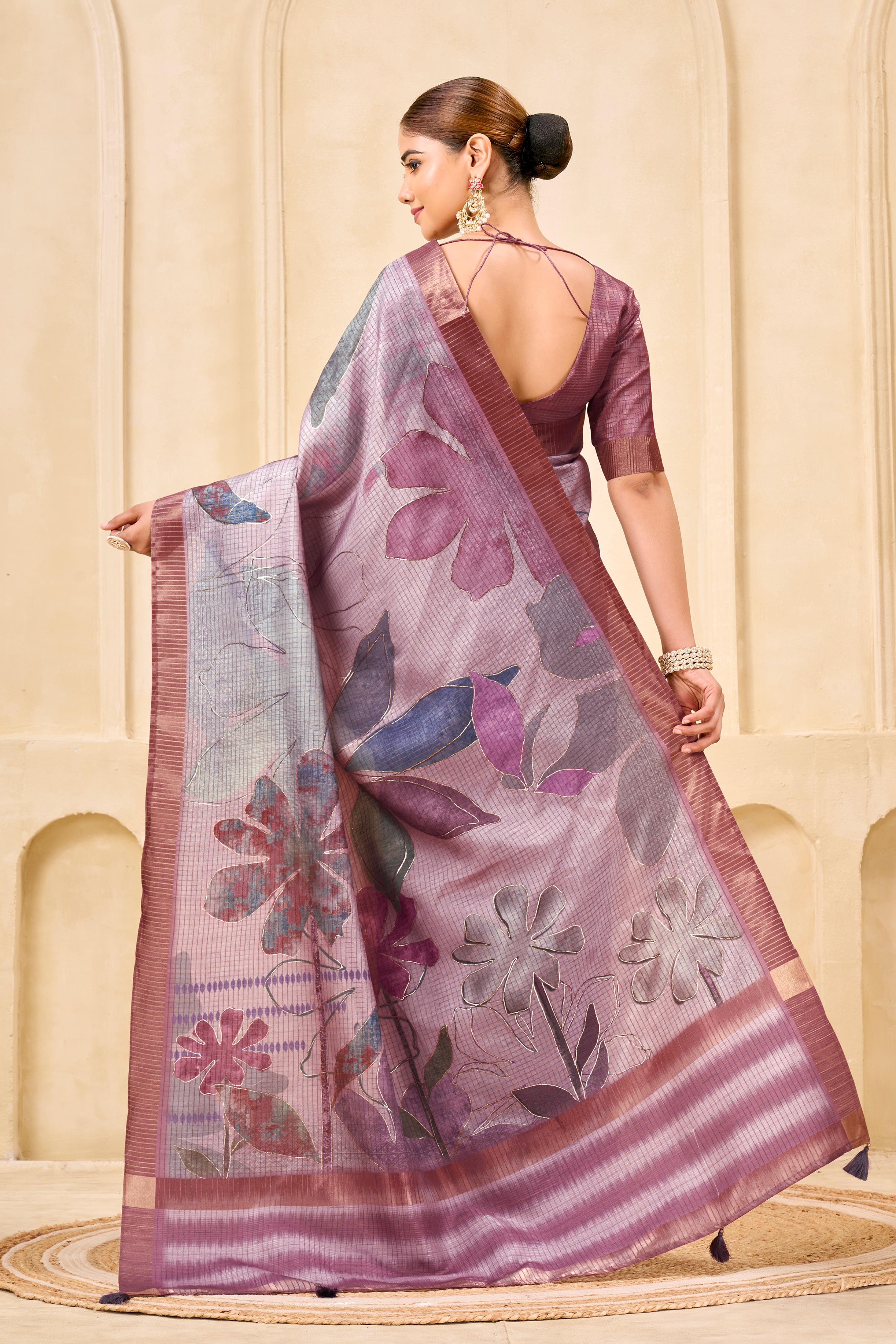 Purple Signora Zari Silk Saree with Floral Digital & Foil Print