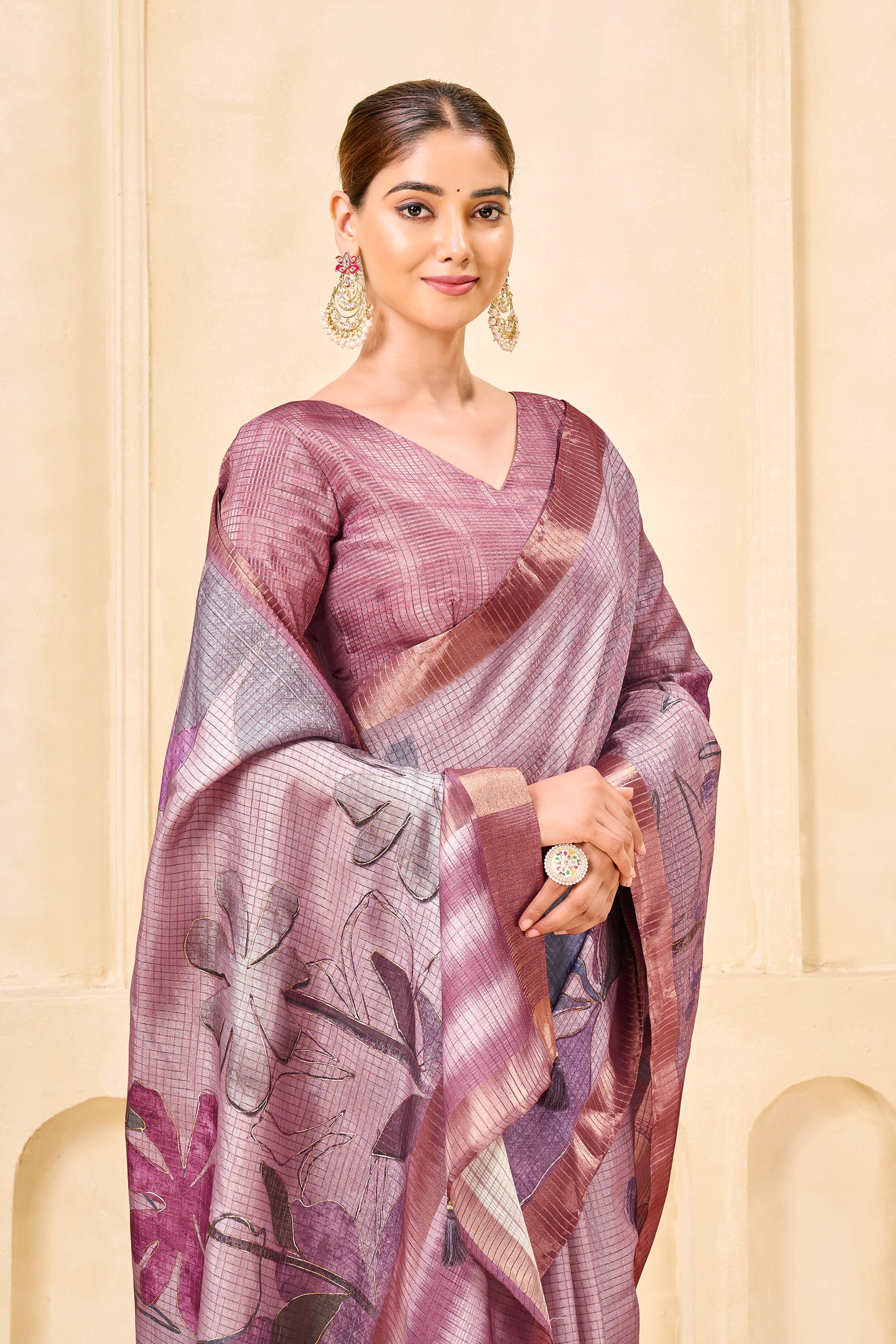 Purple Signora Zari Silk Saree with Floral Digital & Foil Print
