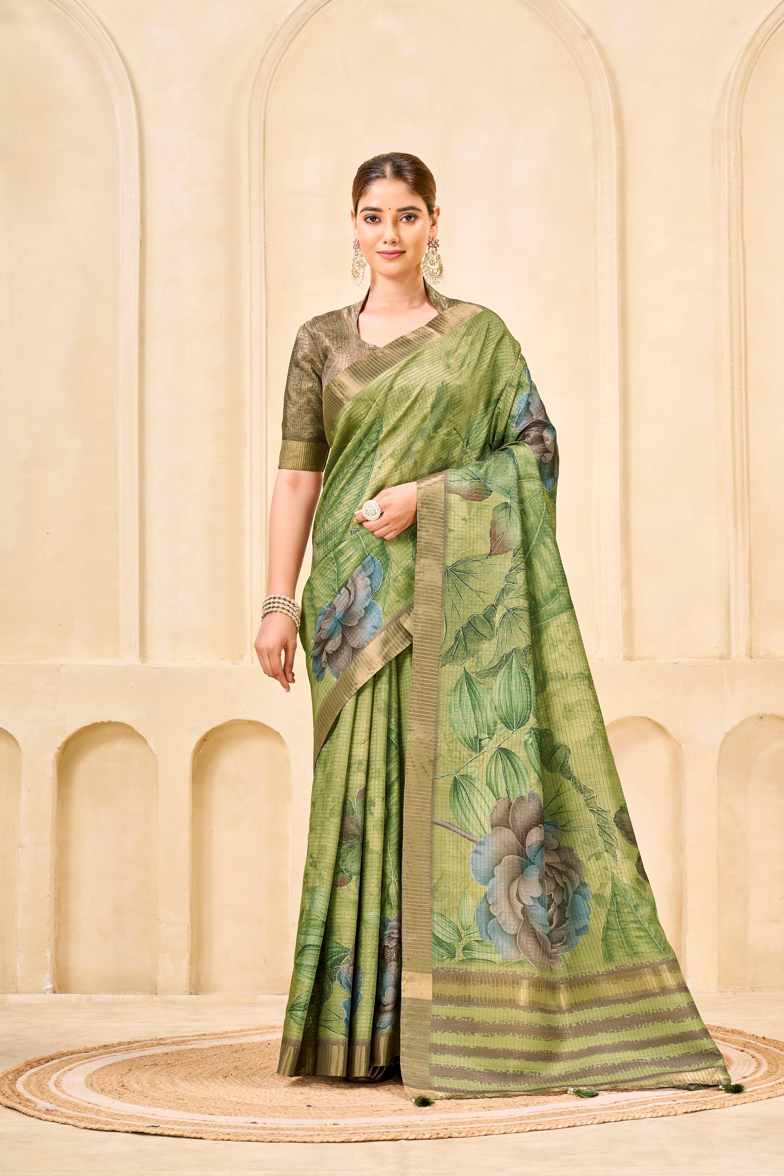 Green Signora Zari Silk Saree with Floral Digital & Foil Print