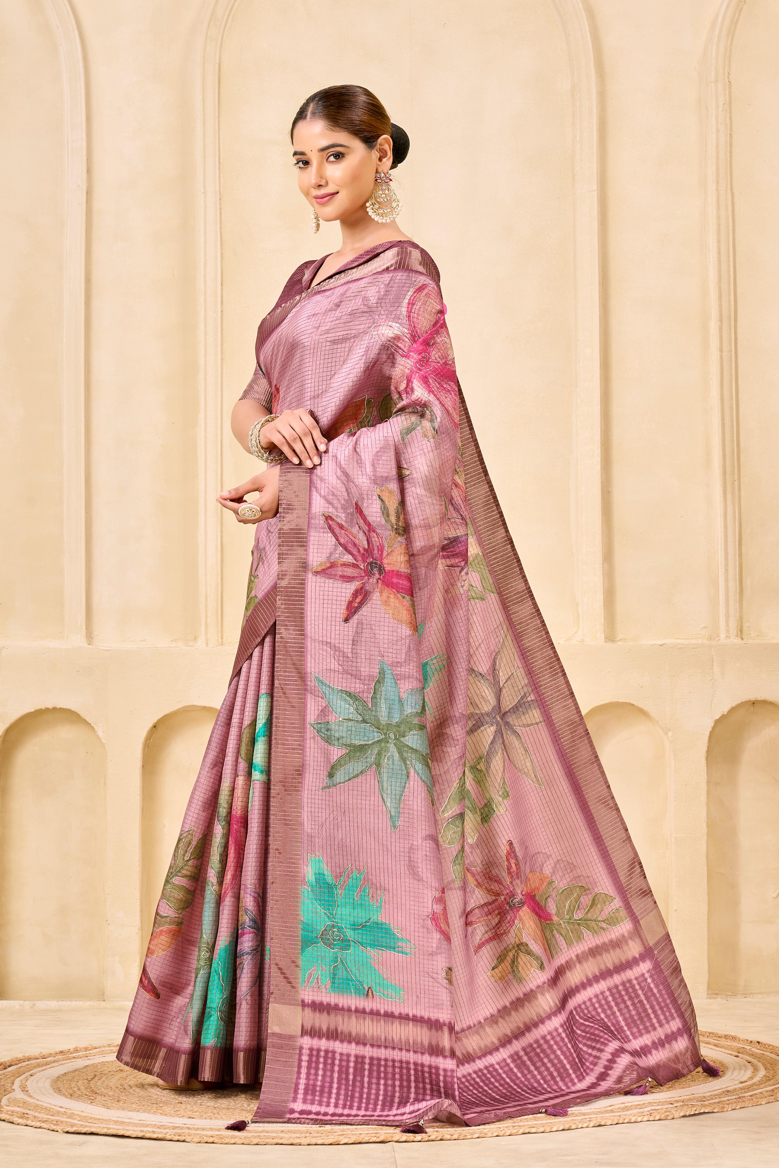 Pink Signora Zari Silk Saree with Floral Digital & Foil Print