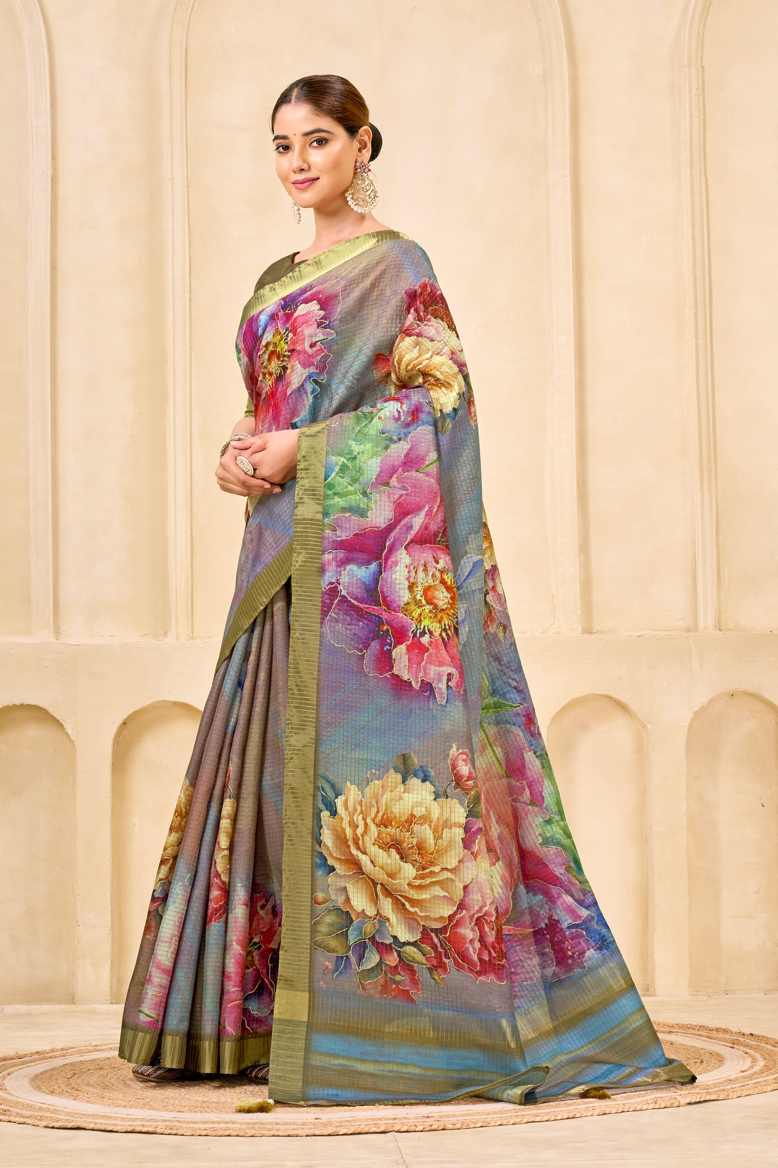 Grey Signora Zari Silk Saree with Floral Digital & Foil Print