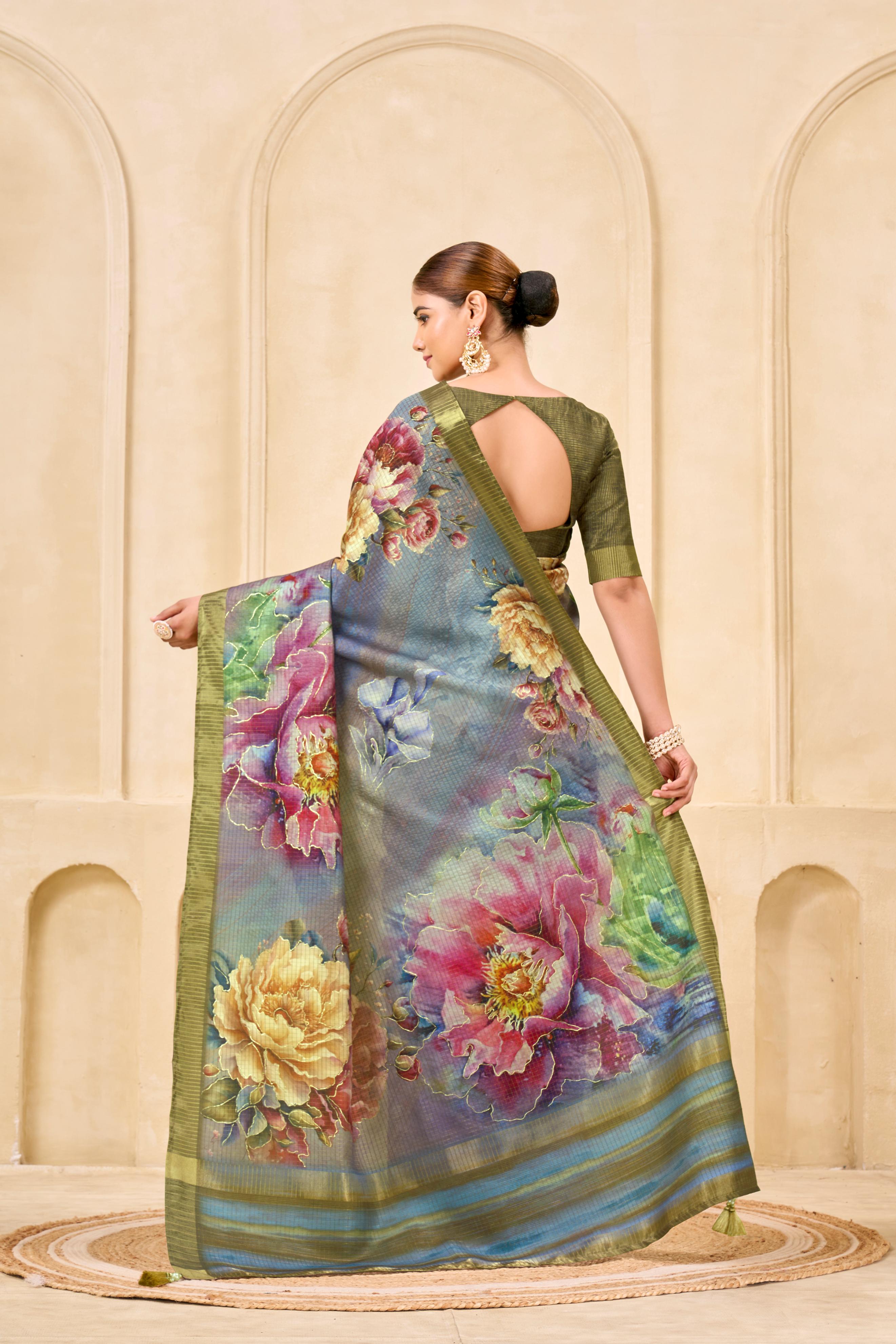 Grey Signora Zari Silk Saree with Floral Digital & Foil Print