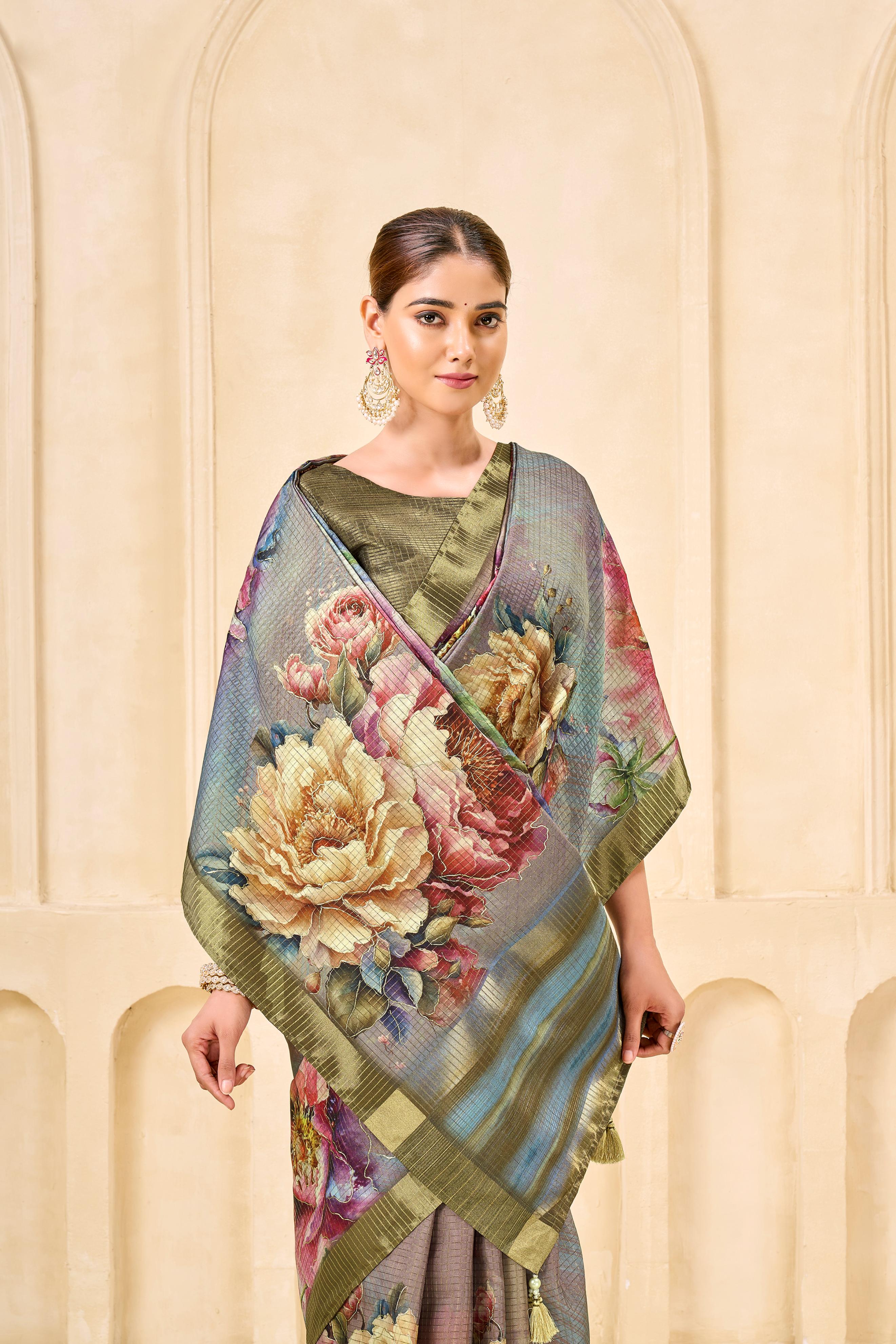 Grey Signora Zari Silk Saree with Floral Digital & Foil Print