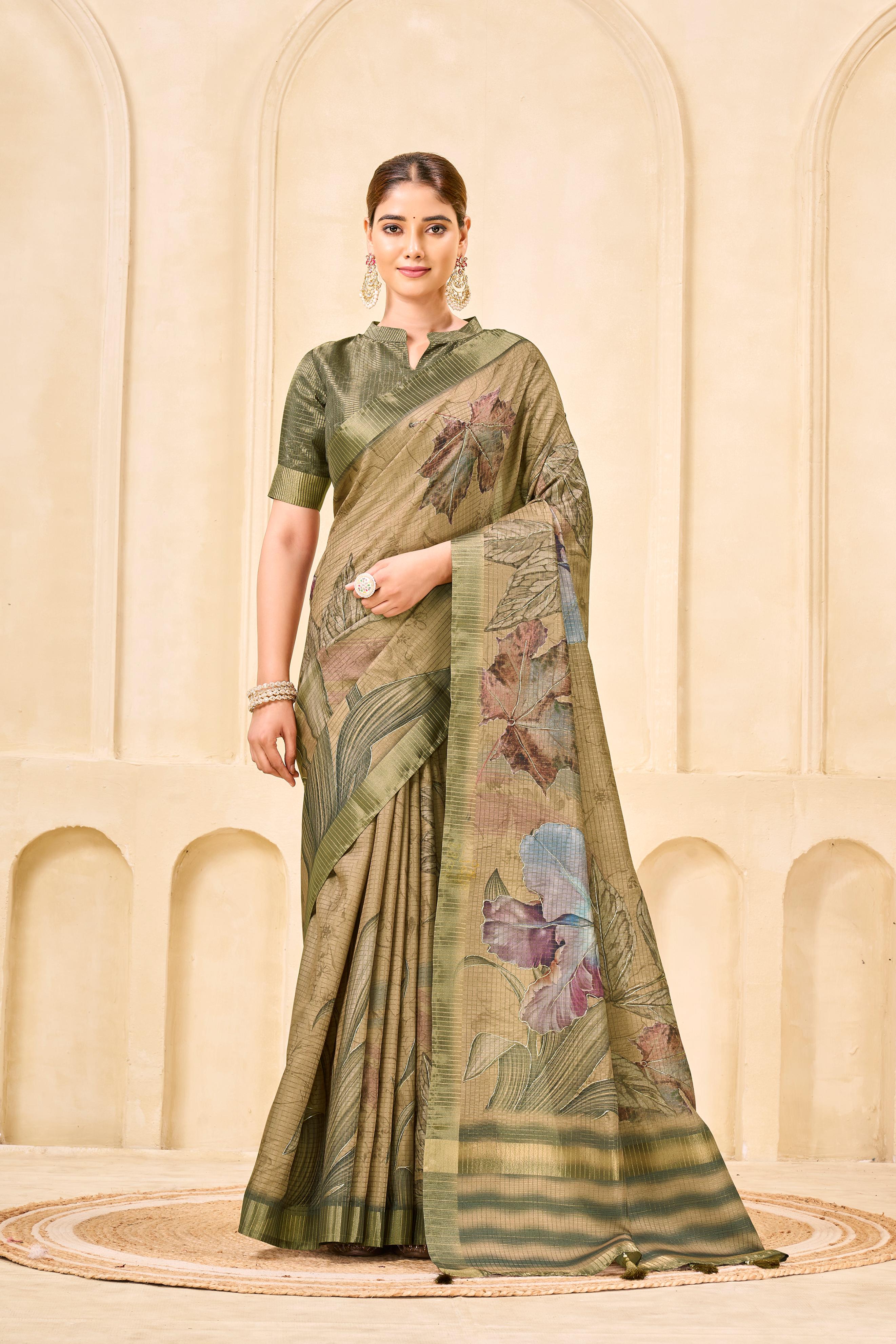 Chiku Signora Zari Silk Saree with Floral Digital & Foil Print