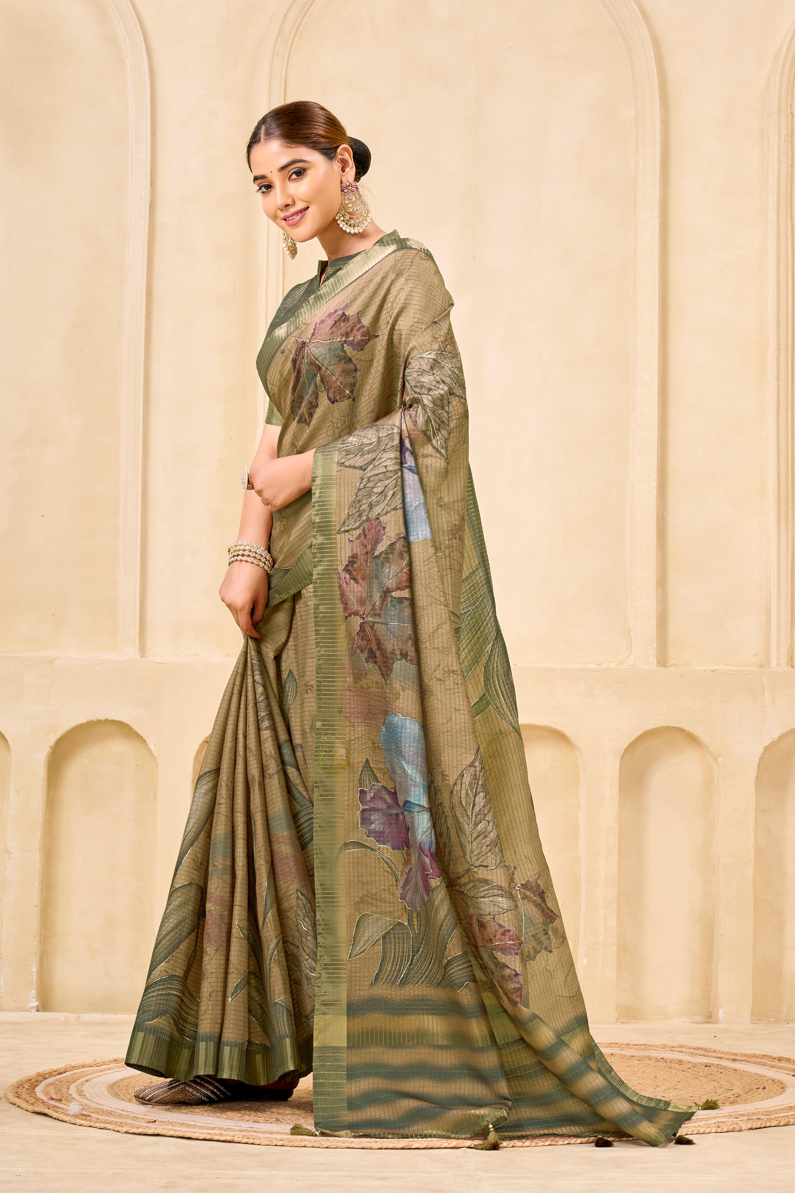 Chiku Signora Zari Silk Saree with Floral Digital & Foil Print