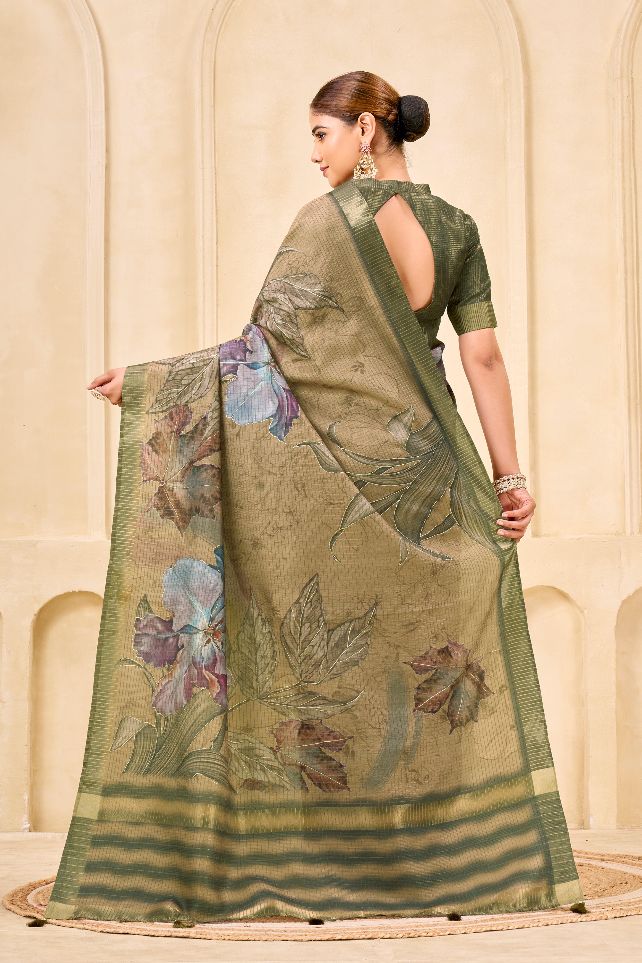 Chiku Signora Zari Silk Saree with Floral Digital & Foil Print