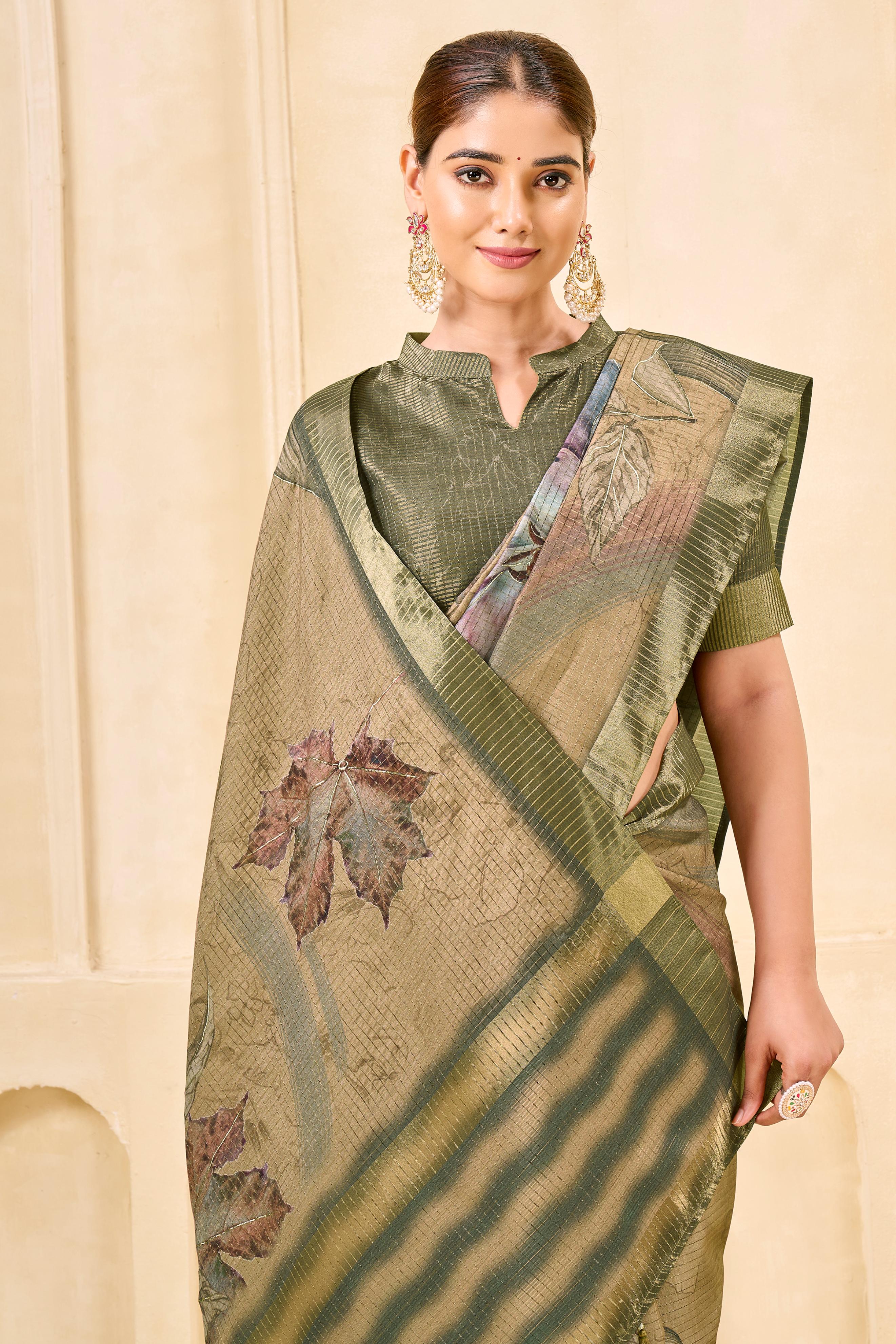 Chiku Signora Zari Silk Saree with Floral Digital & Foil Print