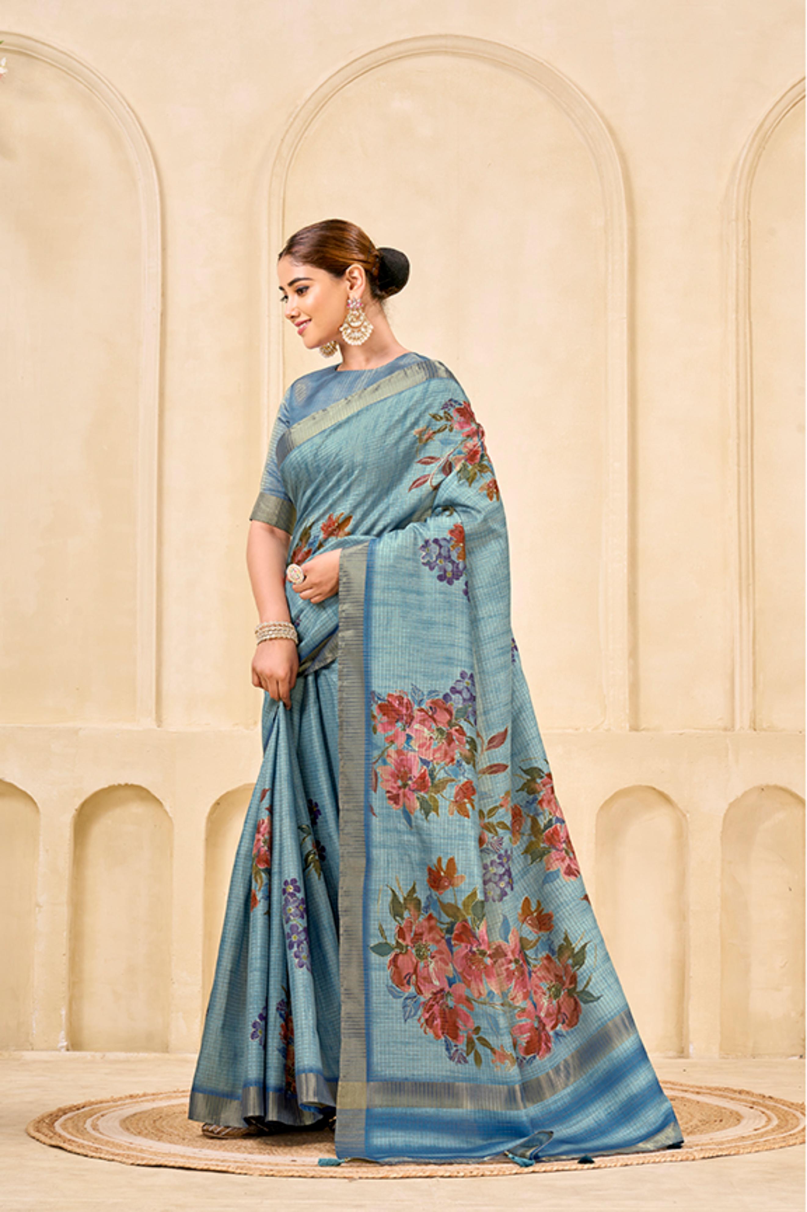 Sky Blue Signora Zari Silk Saree with Floral Digital & Foil Print