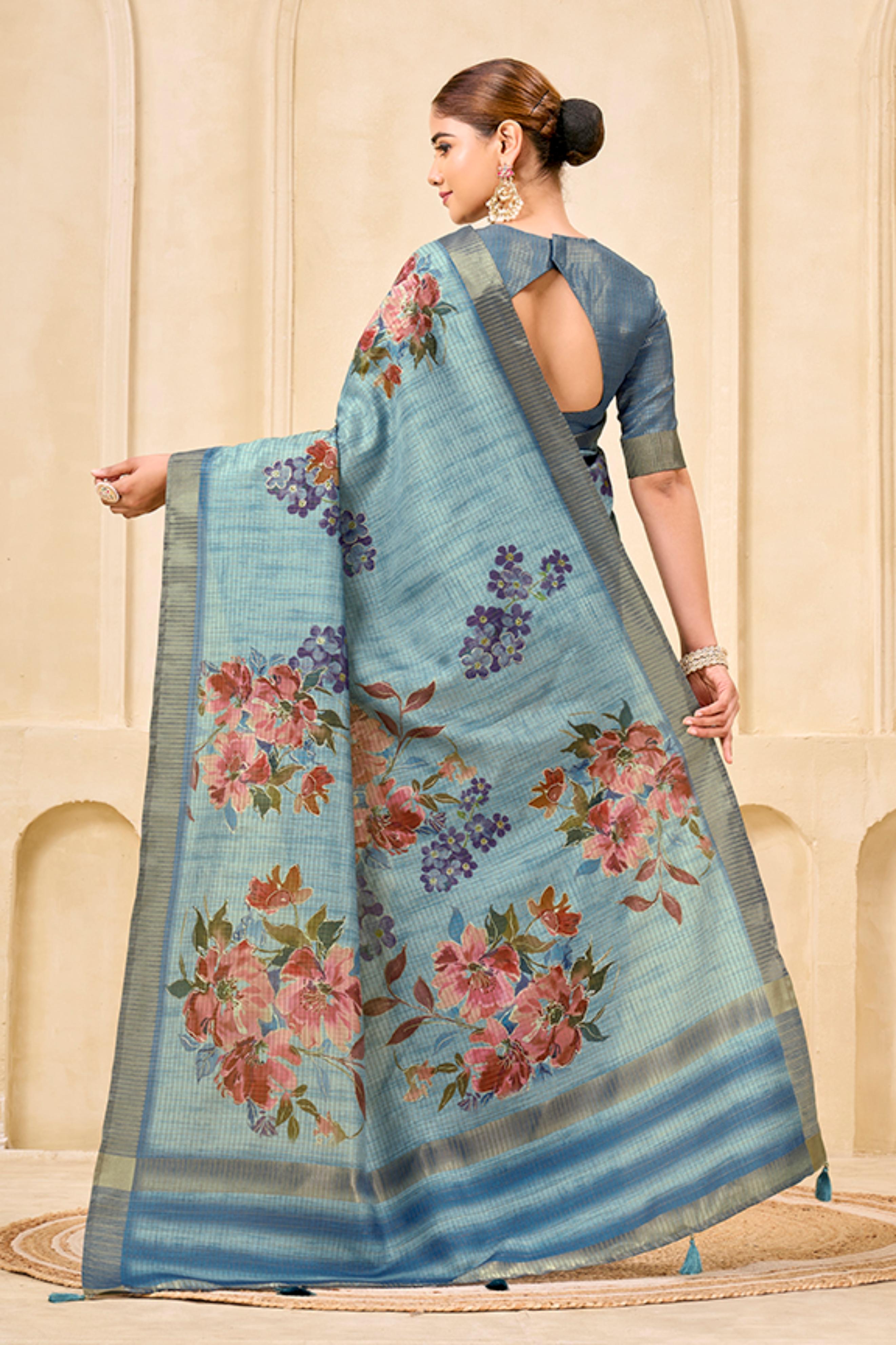 Sky Blue Signora Zari Silk Saree with Floral Digital & Foil Print