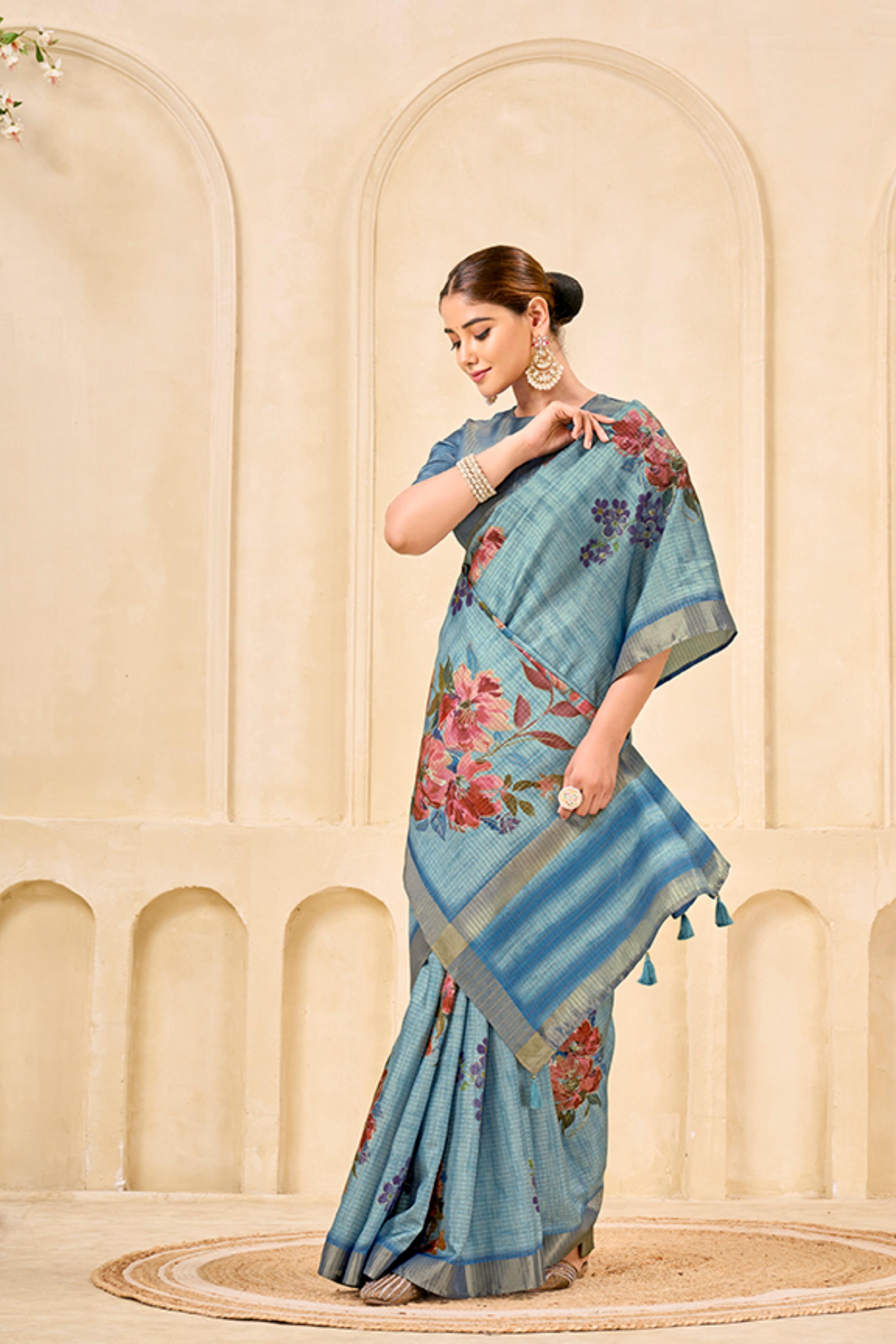 Sky Blue Signora Zari Silk Saree with Floral Digital & Foil Print