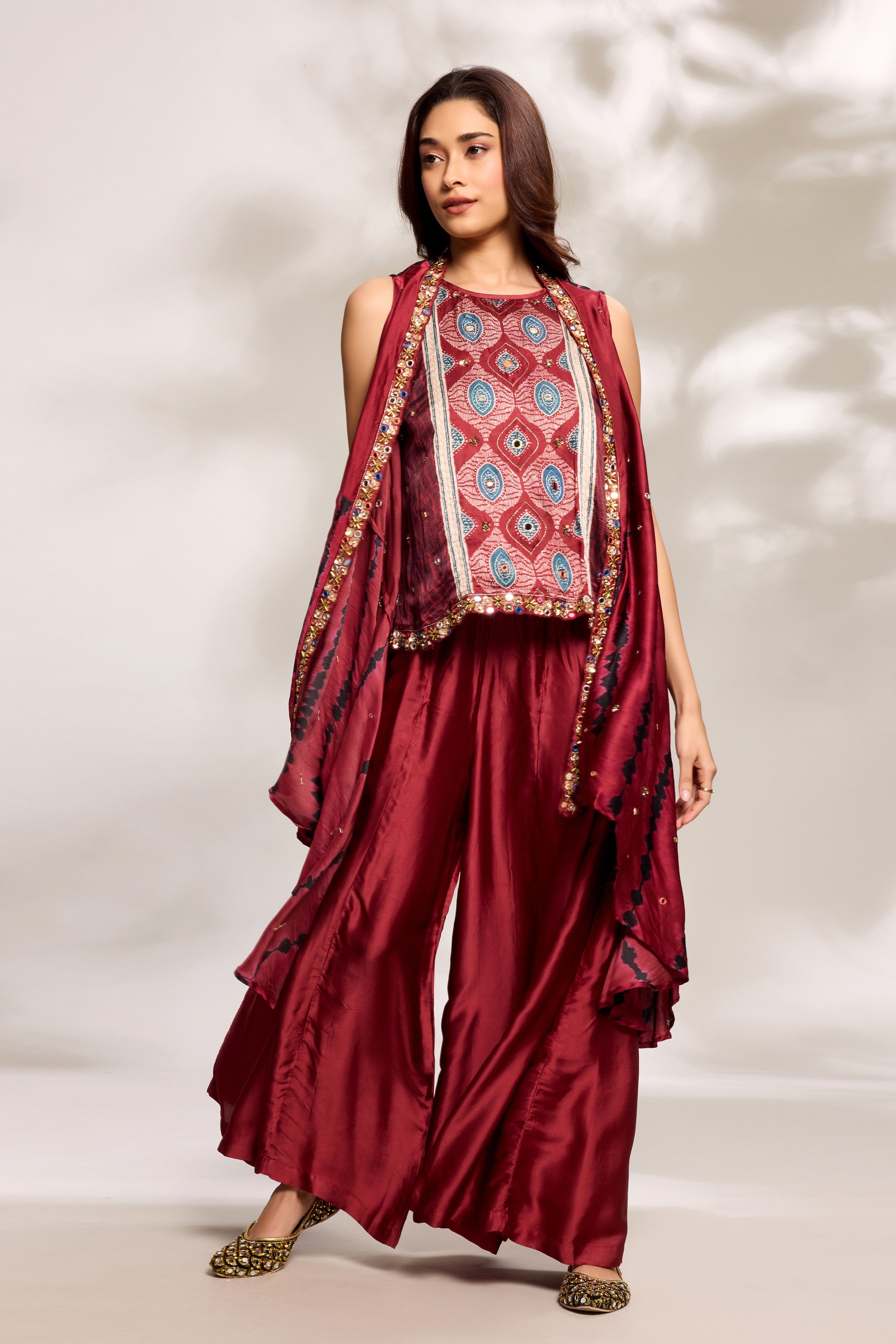 Deep Red Printed Cape Set
