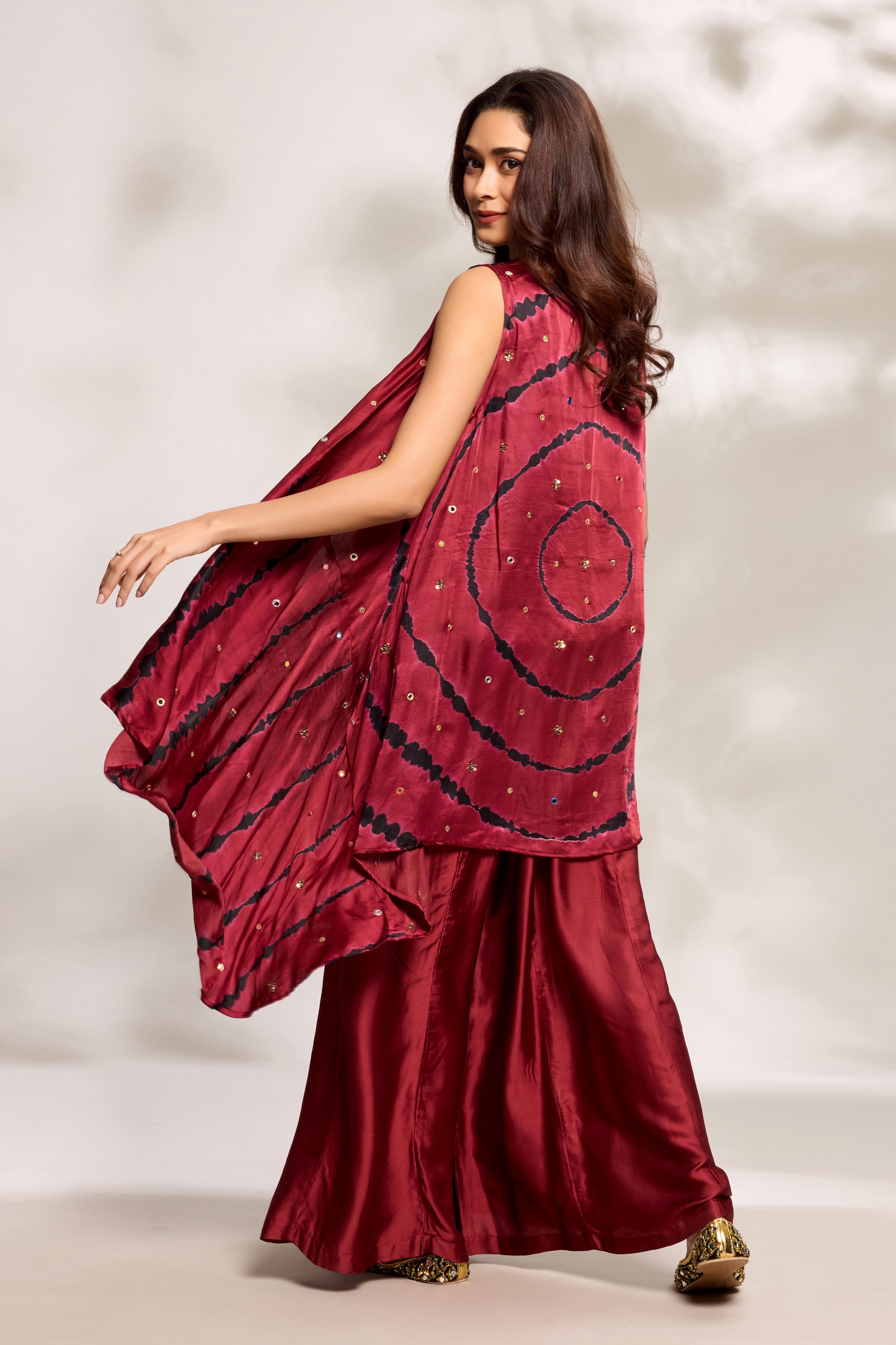Deep Red Printed Cape Set