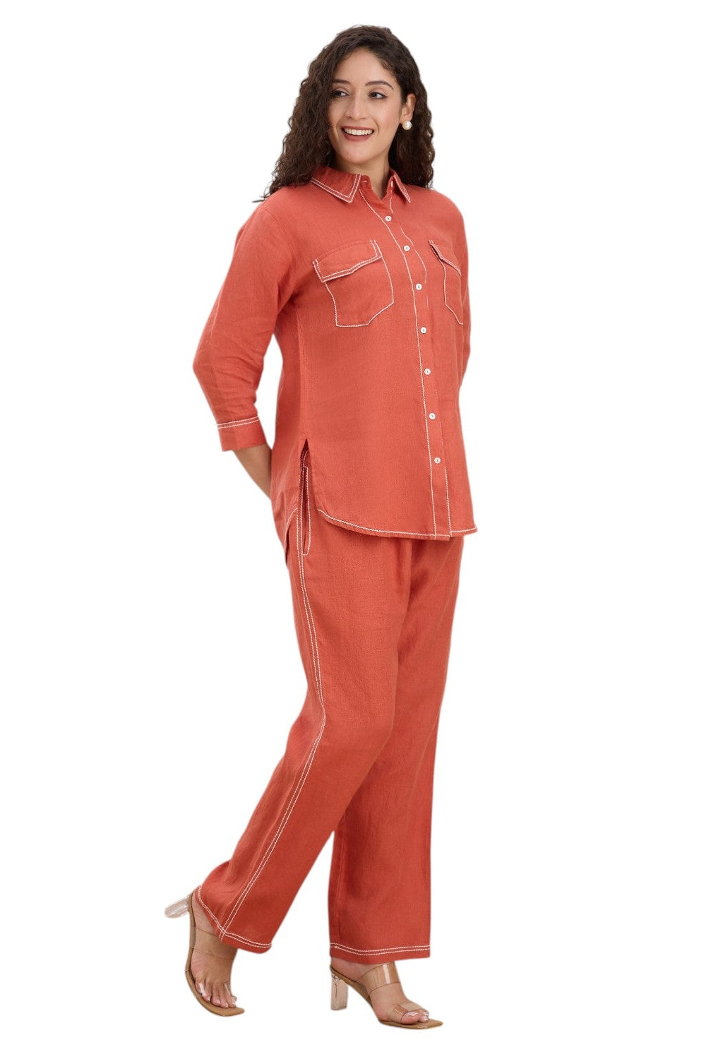 Burnt Orange Embroidered Linen Co-Ord Set