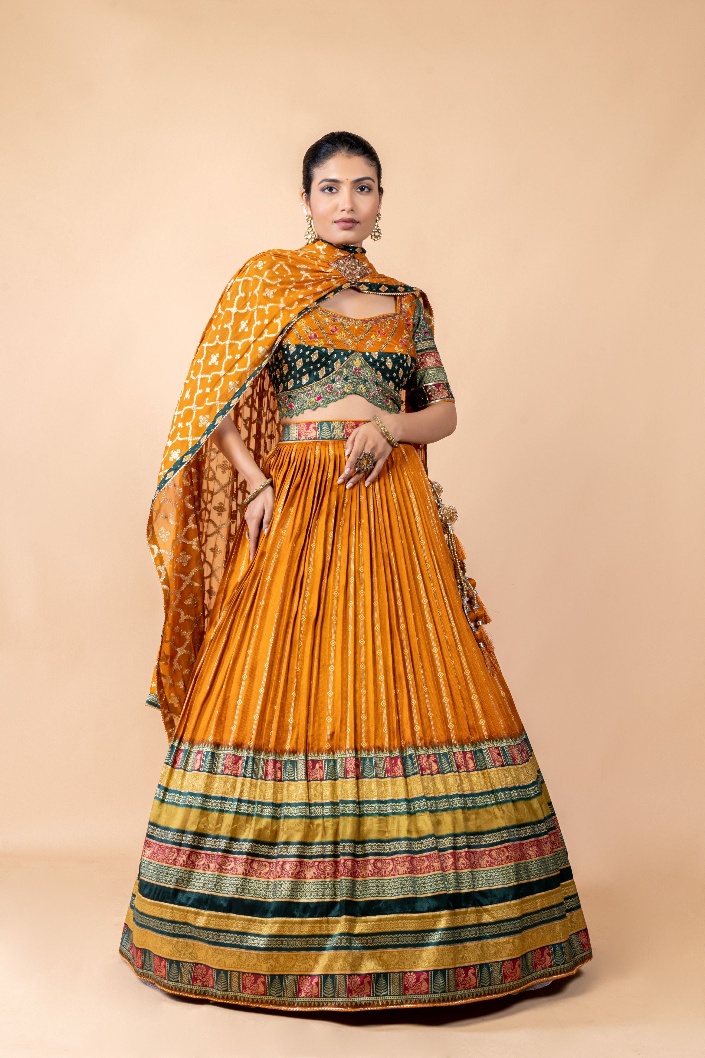 Mustard Embellished Brocade Silk Lehenga Set
