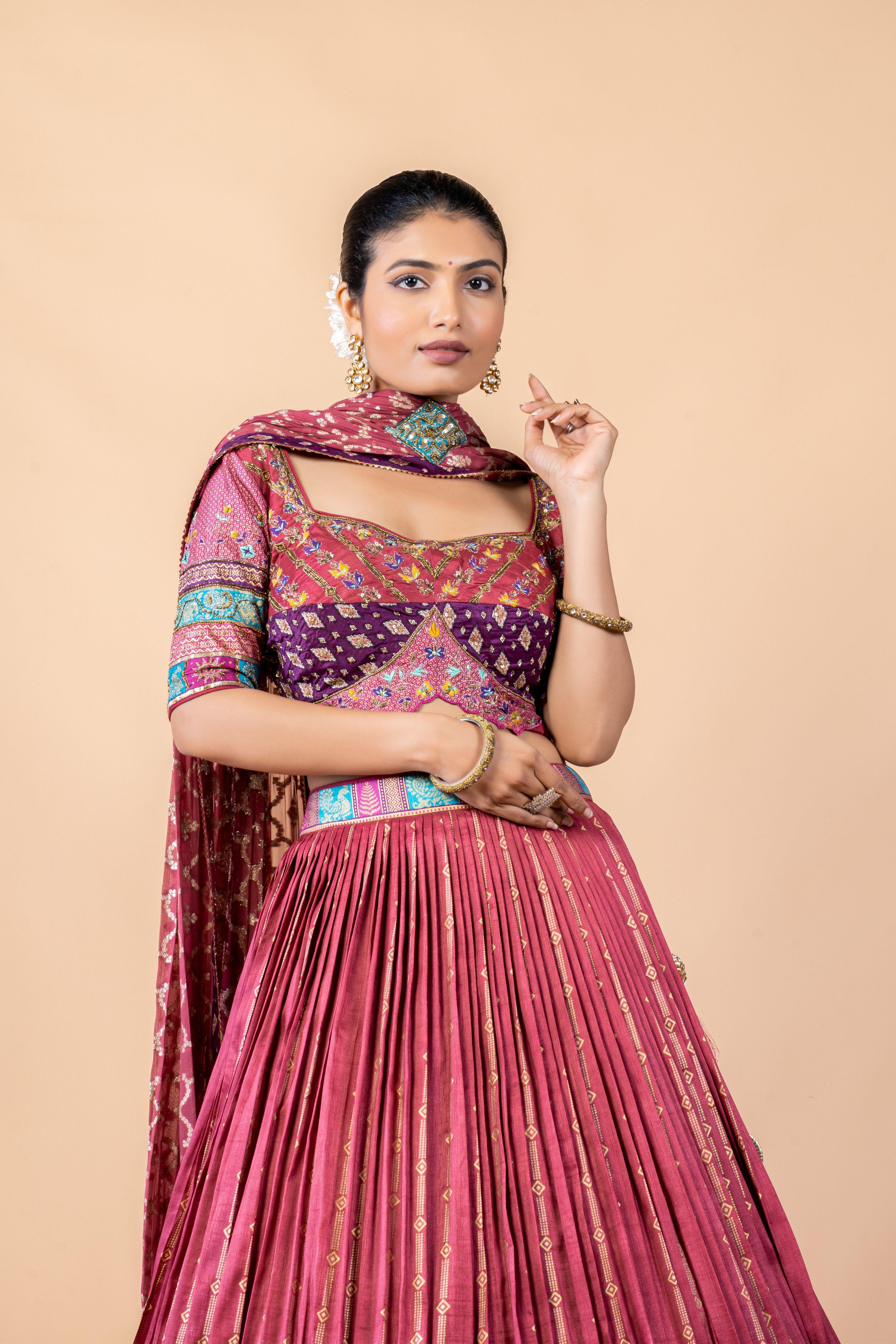Pink Embellished Brocade Silk Lehenga Set