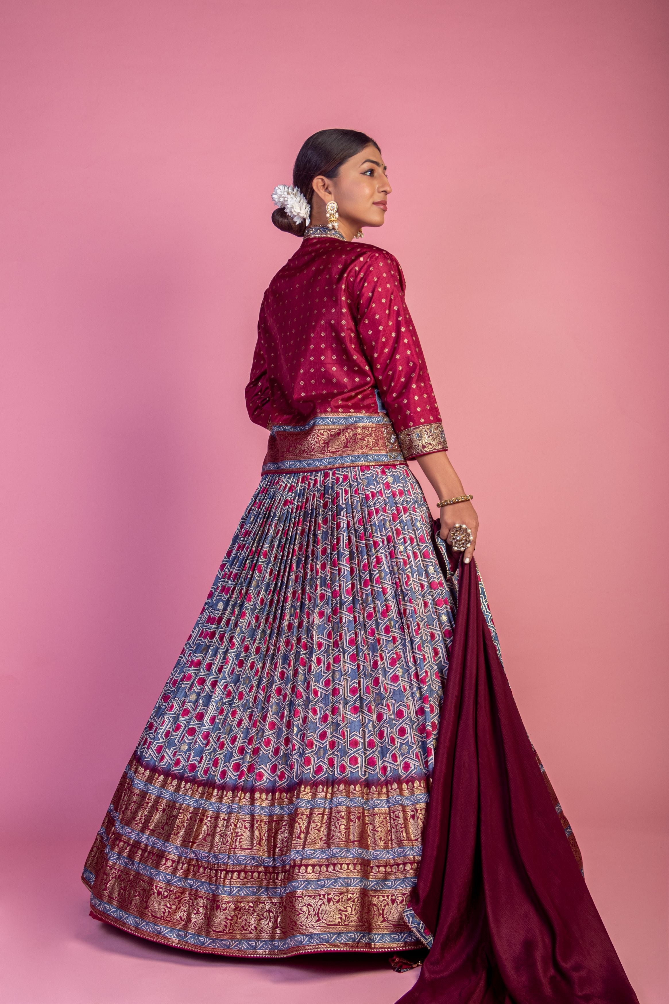 Multi Color Printed Brocade Silk Lehanga Set