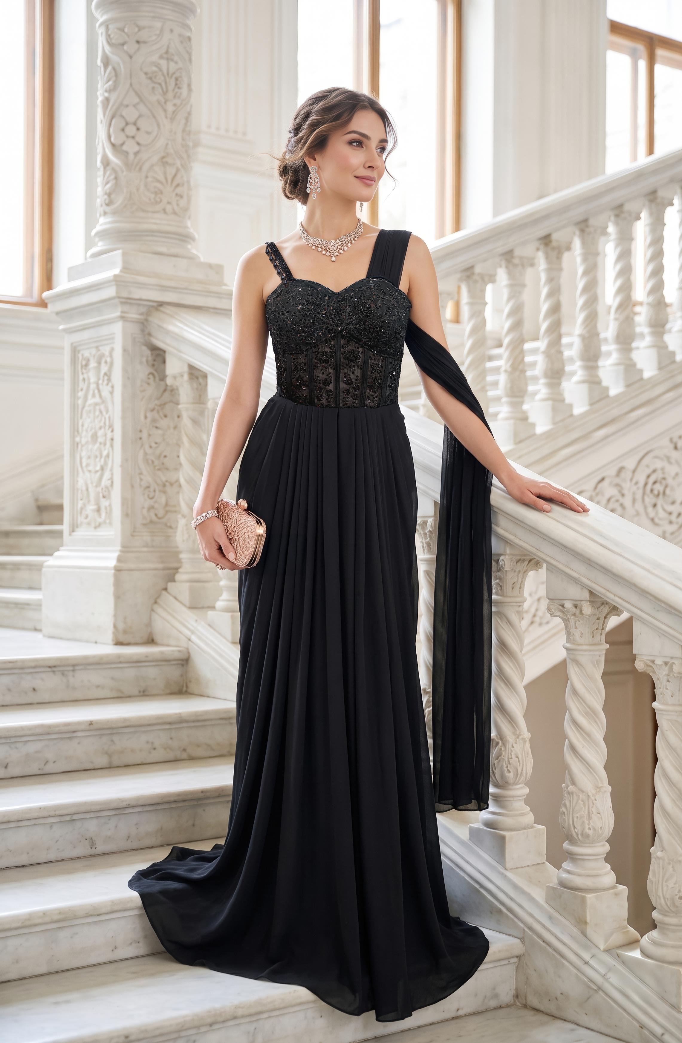 Jet Black Embellished Spandex Lycra Silk Gown
