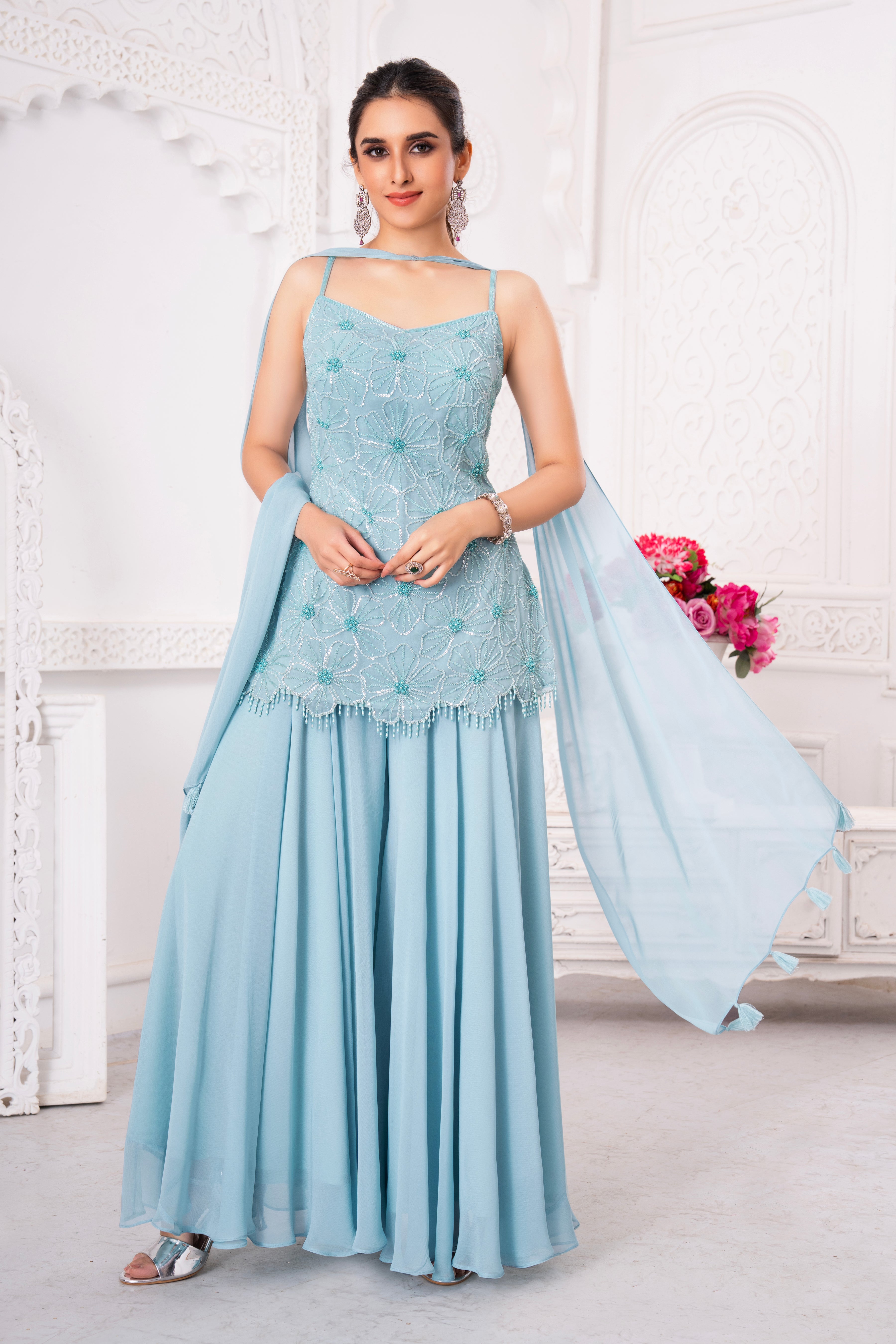 Pastel Blue Embellished Tunic Palazzo Set