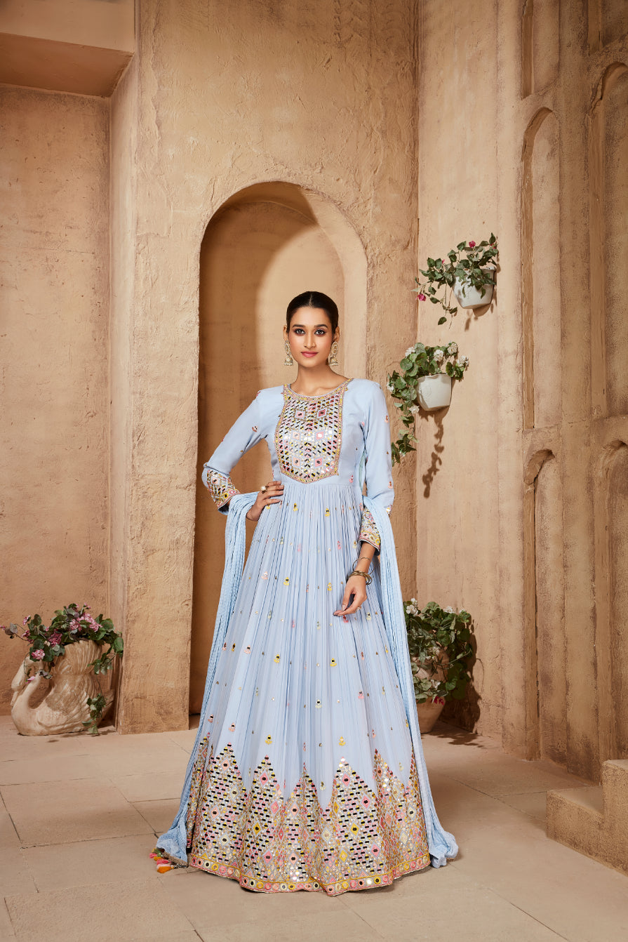 Light Blue Mirror Embellished Anarkali Suit
