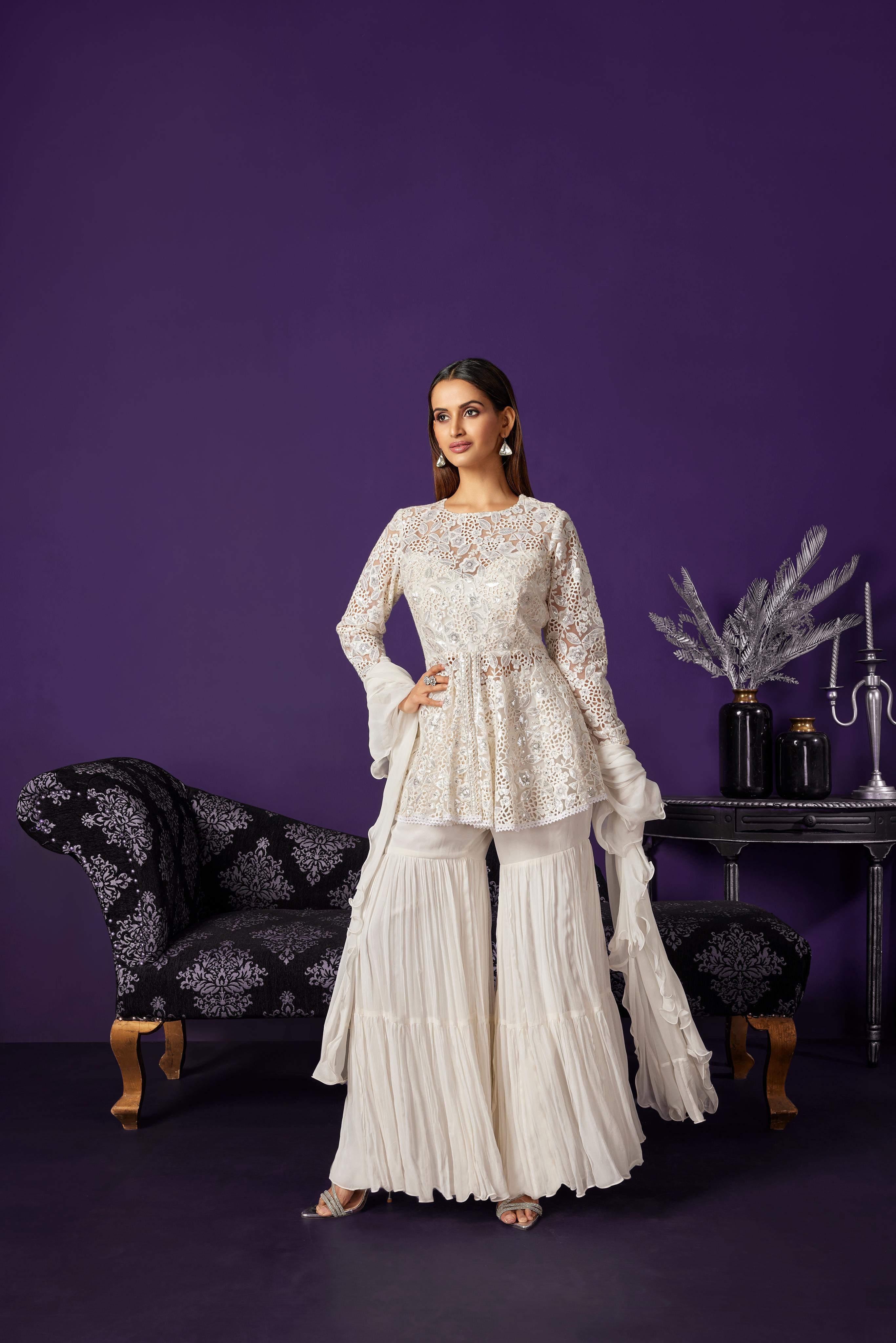 Pearl White Embroidered Premium Net Tunic & Sharara Set