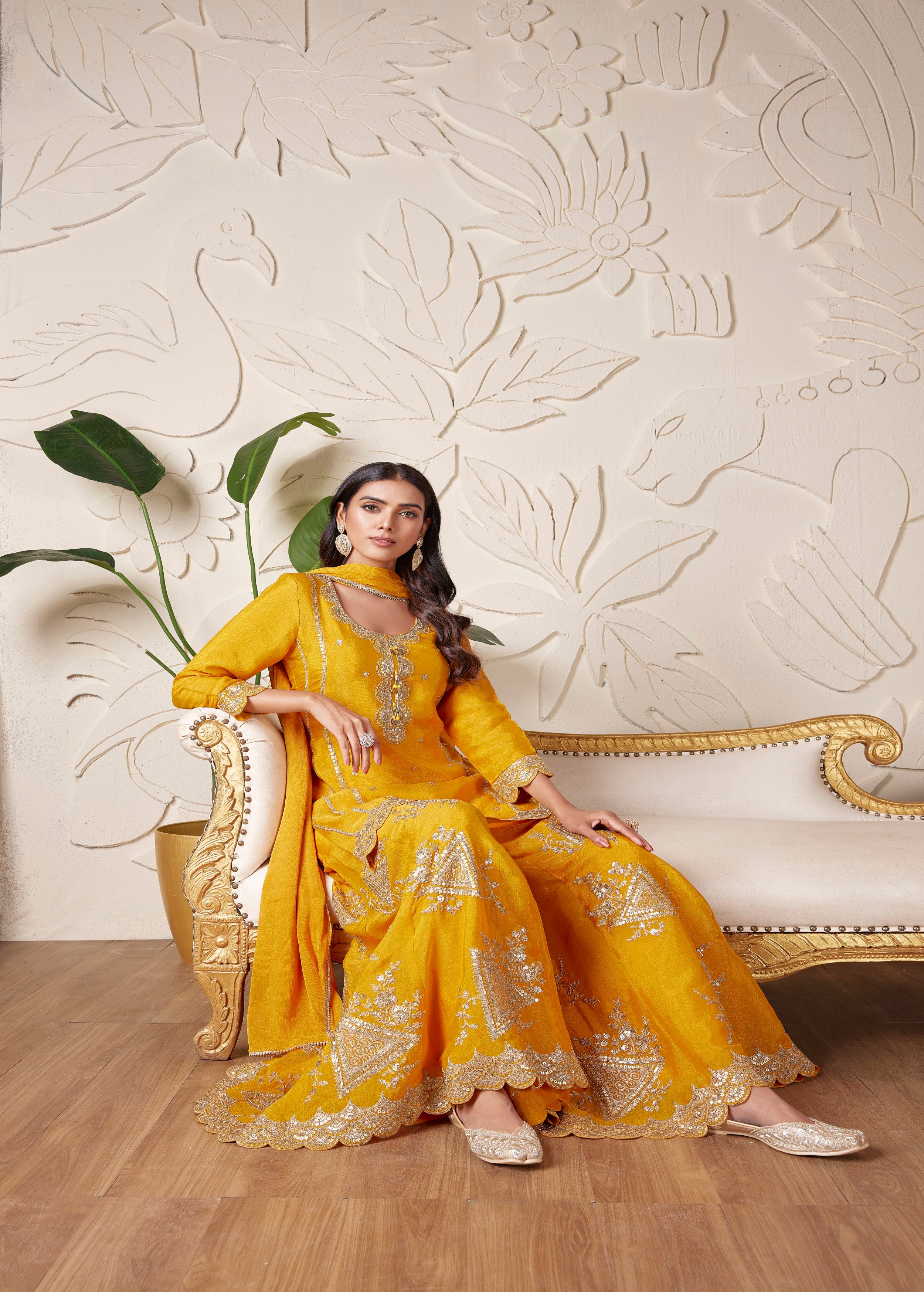 Marigold Yellow Embellished Premium Silk Palazzo Set