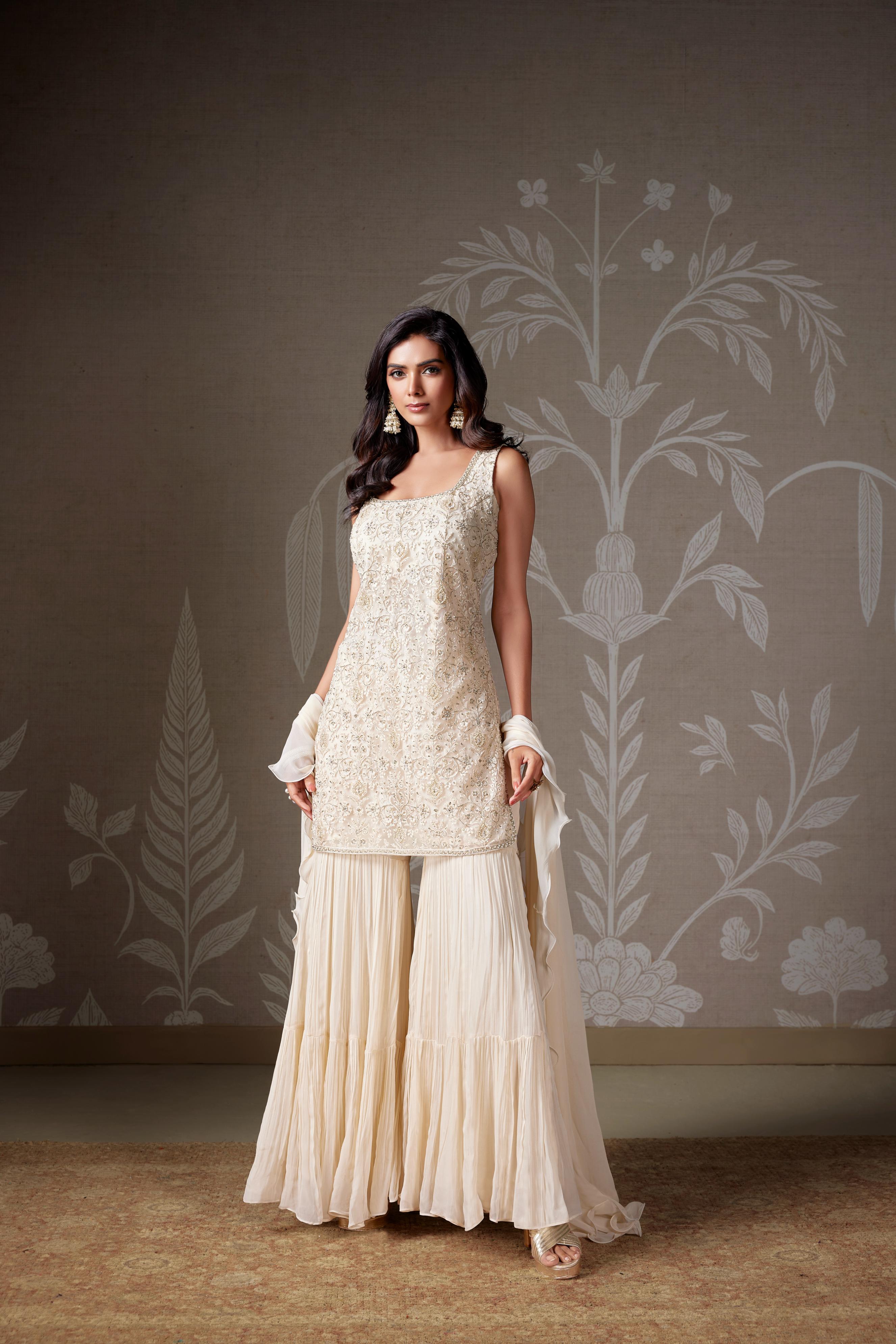 Ivory Embellished Chinon Silk Palazzo Set